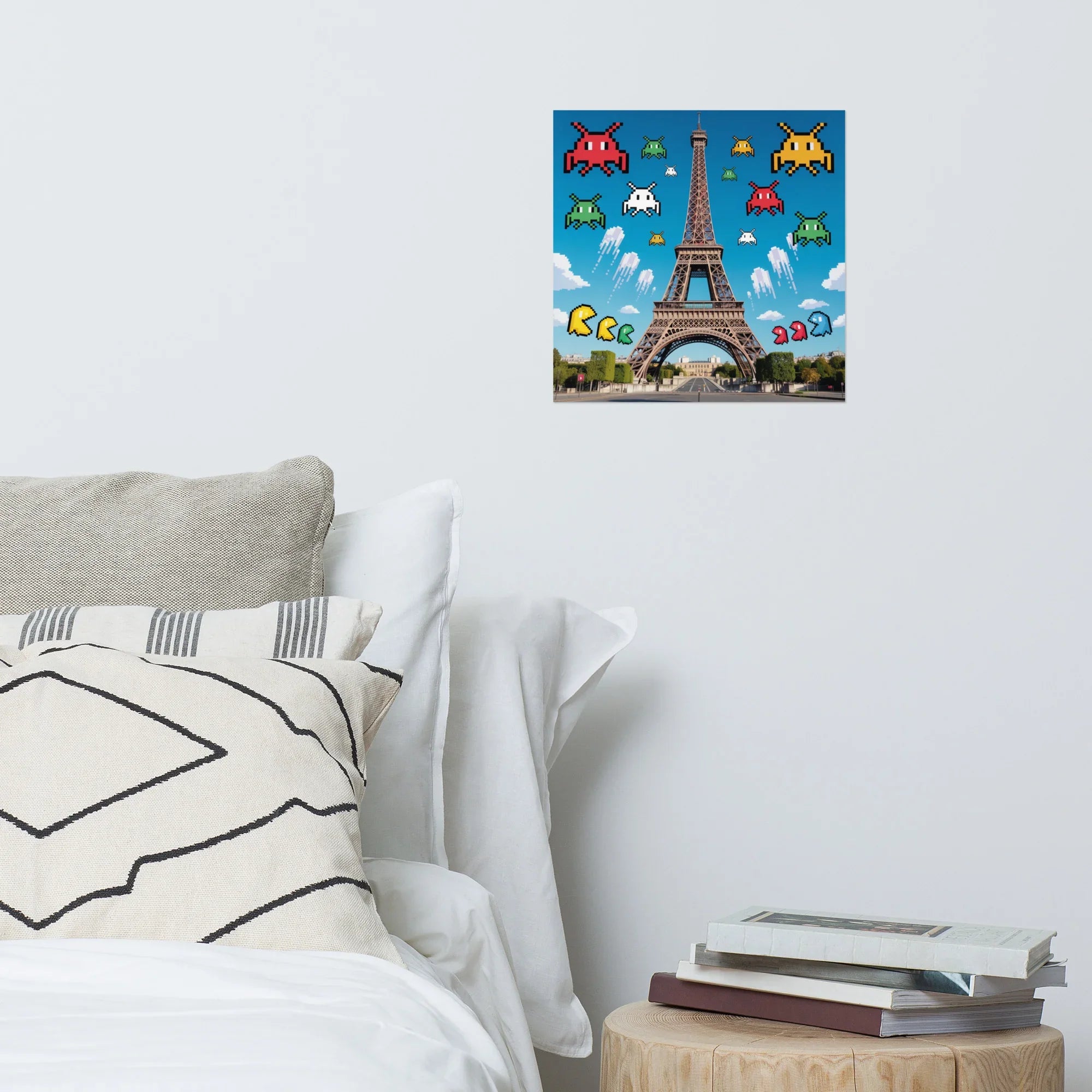 Retro Pixel Invaders Over Paris – 8-Bit Gaming Wall Art, Eiffel Tower Gamer Decor - RaZits