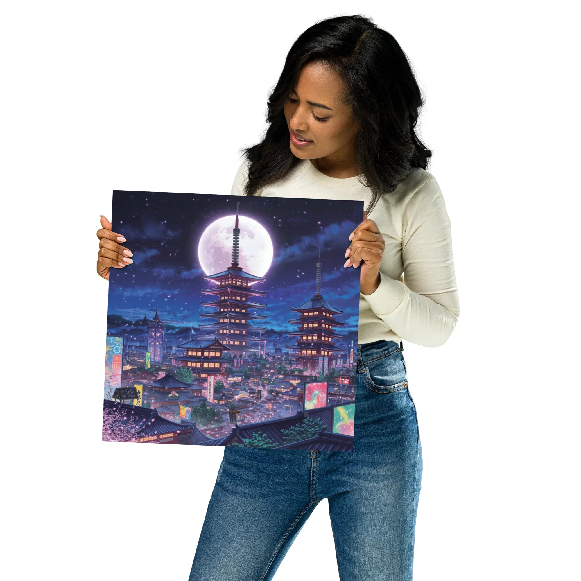 Midnight Sakura Dreamscape Japanese Cityscape Gaming Wall Art – Anime Aesthetic Room Decor - RaZits