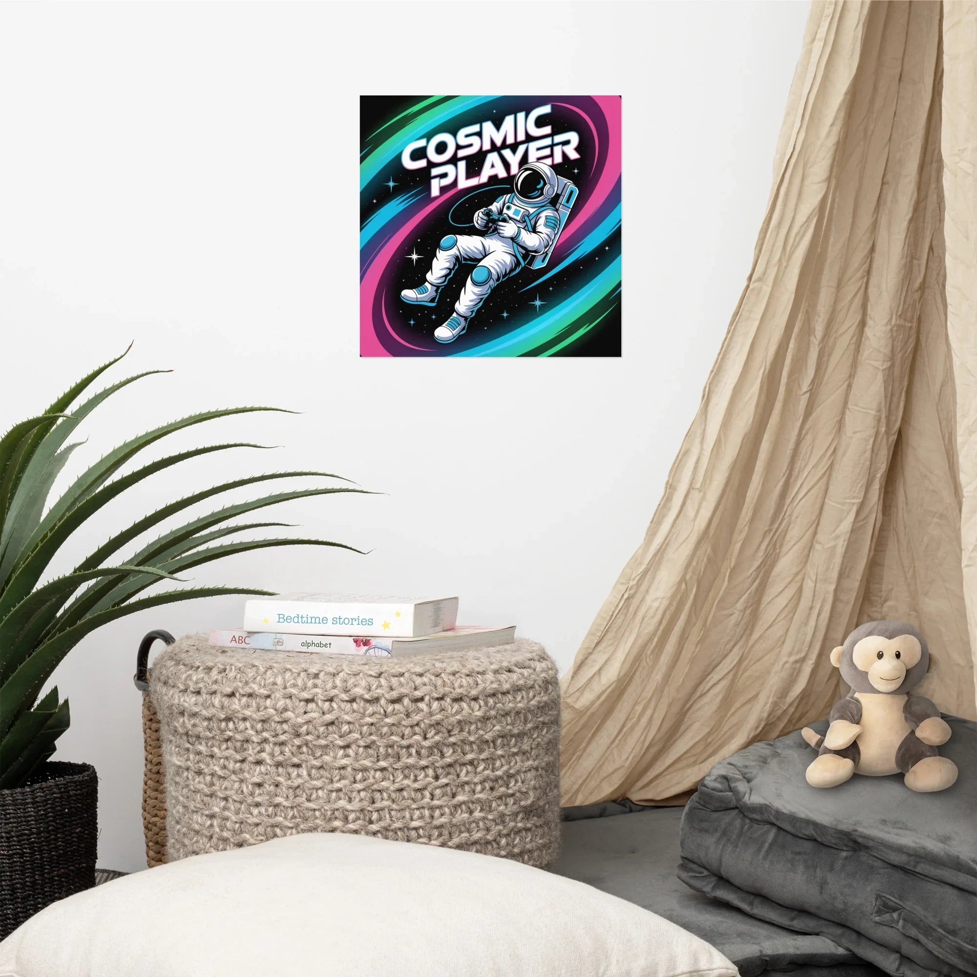 Cosmic Player – Astronaut Gamer in Space Neon Art Poster - RaZits