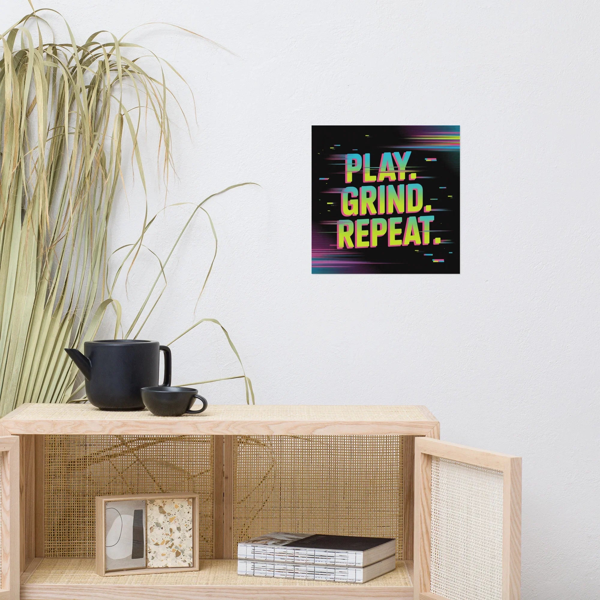PLAY. GRIND. REPEAT. – Retro Glitch Gaming Motivation Poster in Neon Arcade Style - RaZits