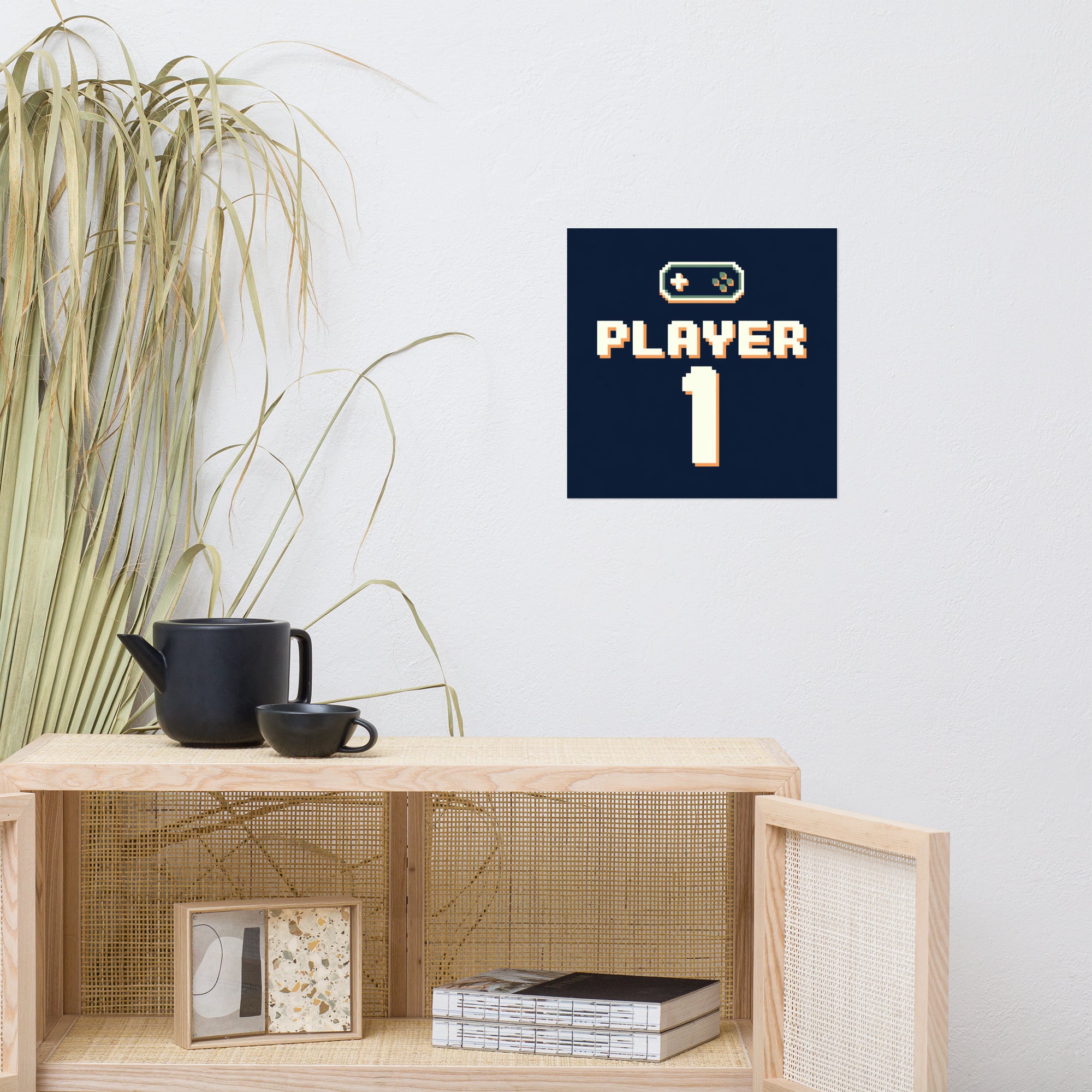 Player One retro gaming poster in retro gaming setup context