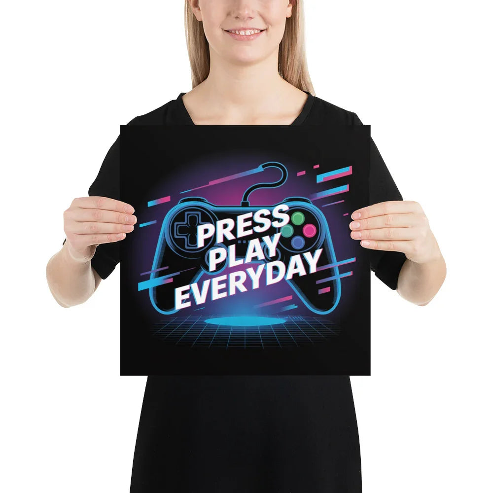 Press Play Everyday – Neon Glitch Gaming Motivation Poster - RaZits