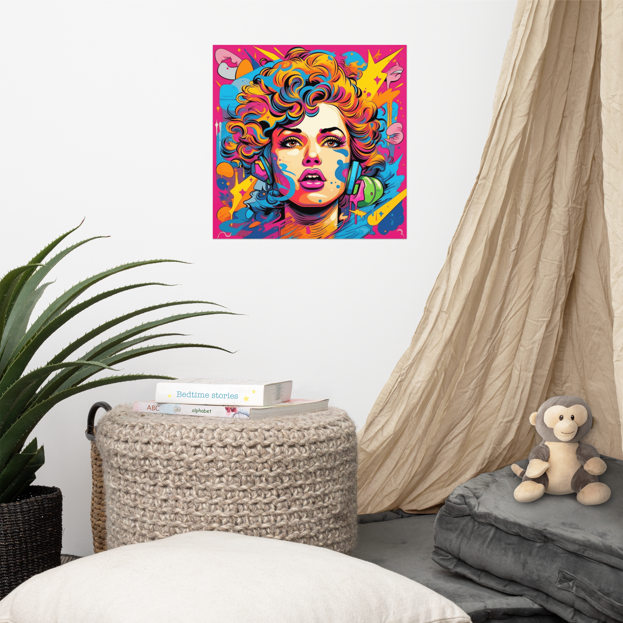 Pop Art Wall Print – Neon 80s Headphone Girl Portrait.