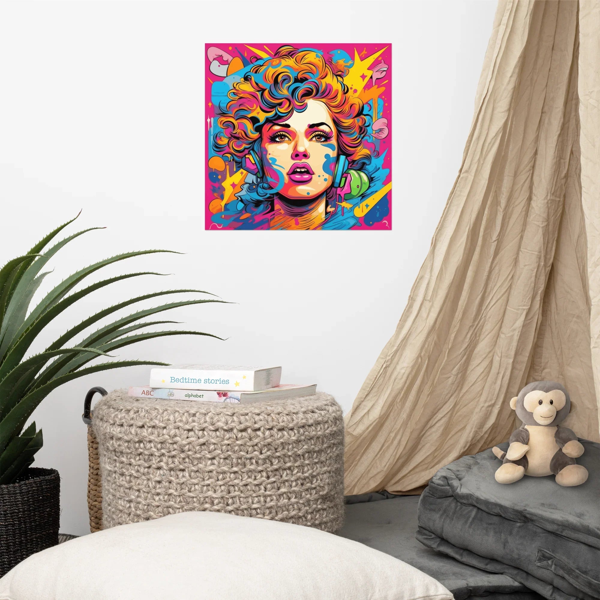 Pop Art Wall Print – Neon 80s Headphone Girl Portrait - RaZits