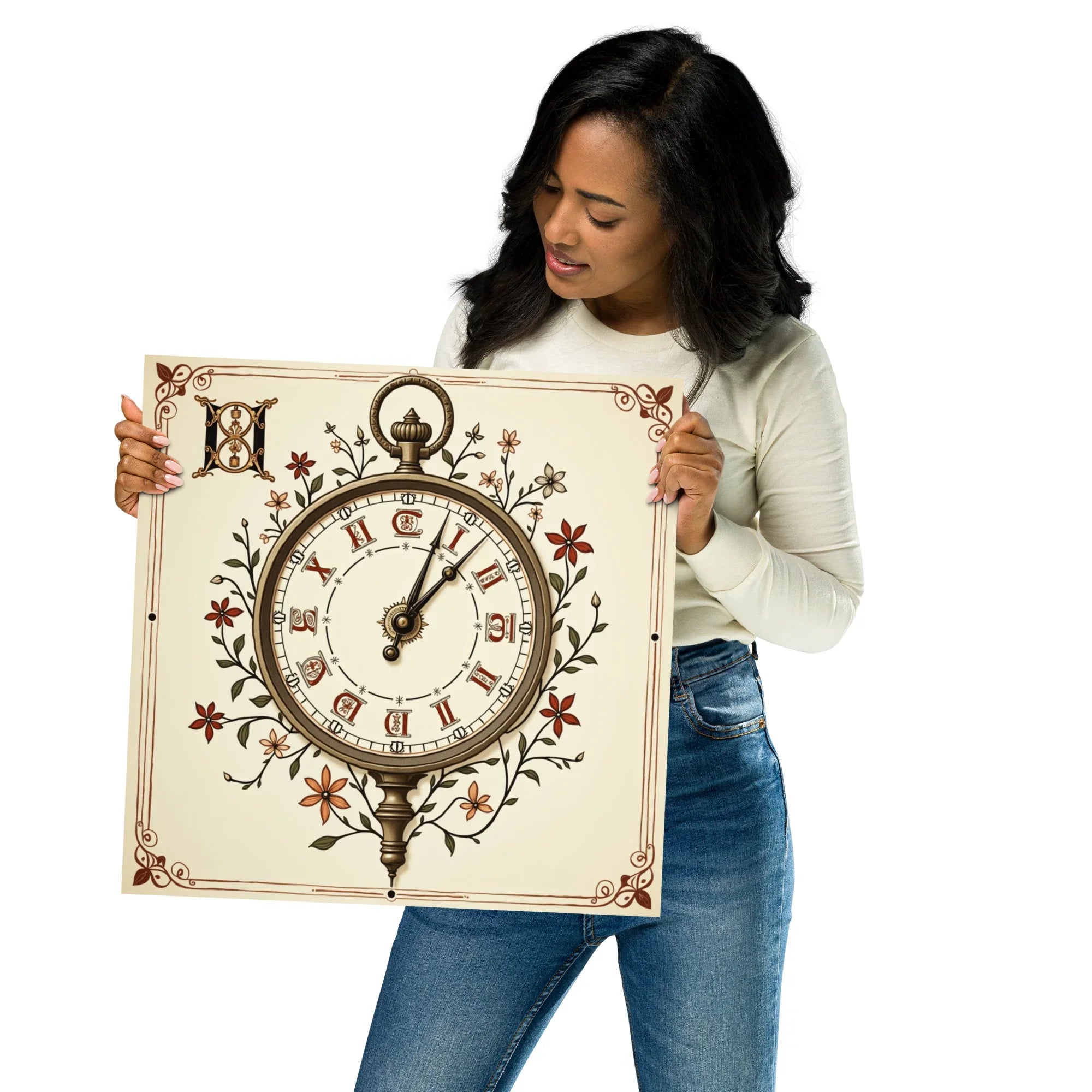 Vintage Clock Art Print – Floral Timepiece Illustration - RaZits