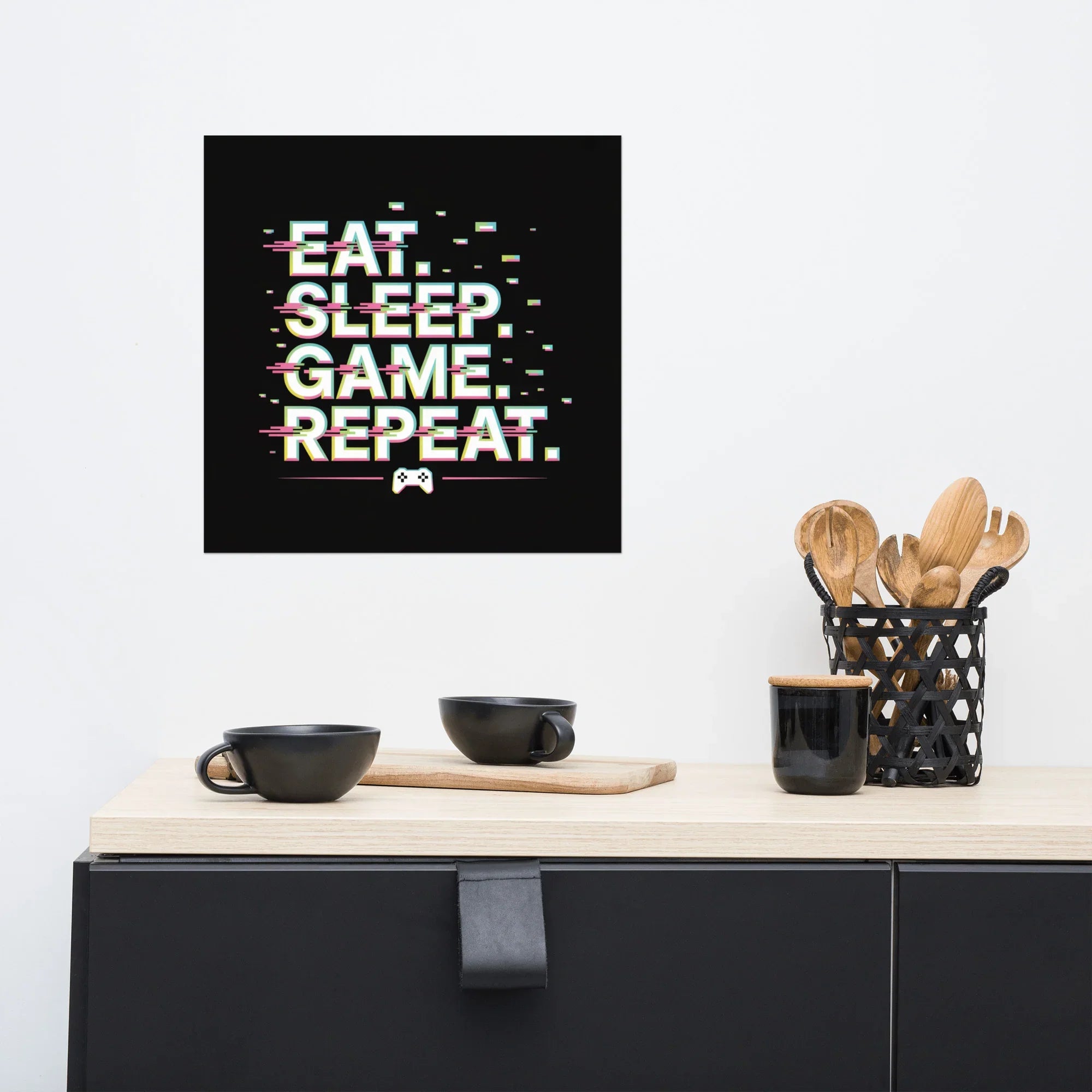 Eat Sleep Game Repeat – Glitch Gamer Lifestyle Wall Art - RaZits