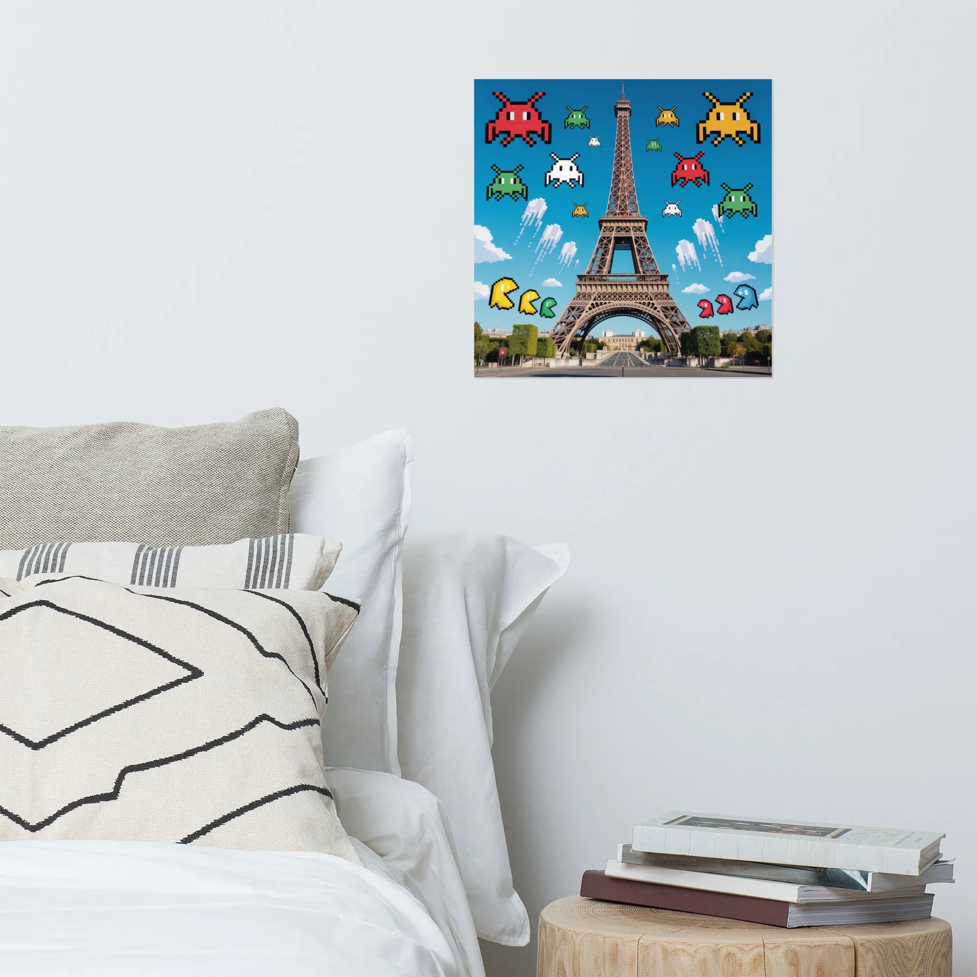 Retro Pixel Invaders Over Paris – 8-Bit Gaming Wall Art, Eiffel Tower Gamer Decor - RaZits
