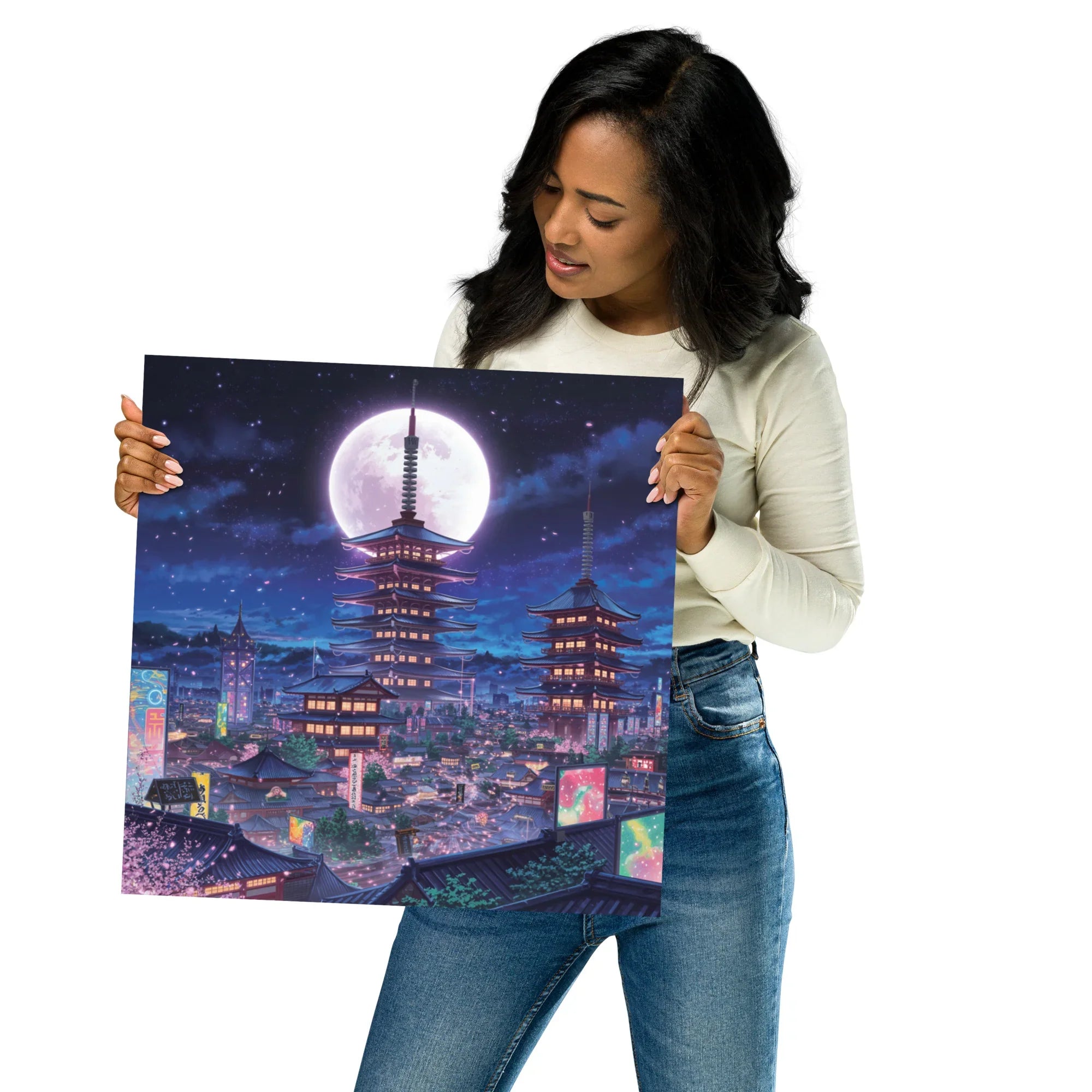 Midnight Sakura Dreamscape Japanese Cityscape Gaming Wall Art – Anime Aesthetic Room Decor - RaZits