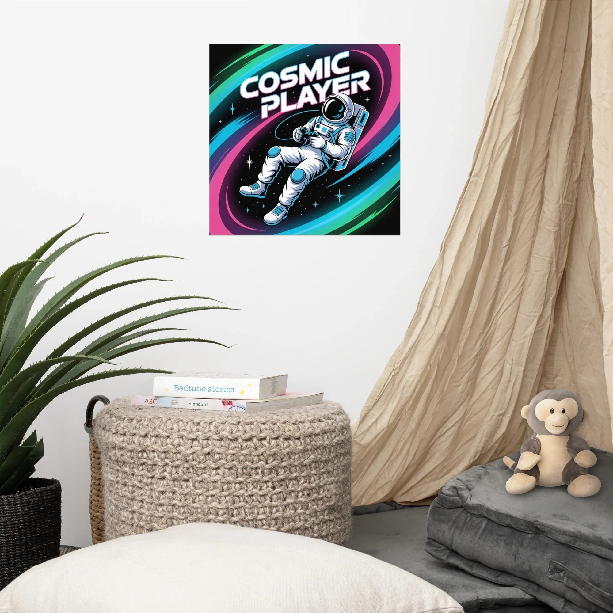 Cosmic Player – Astronaut Gamer in Space Neon Art Poster - RaZits