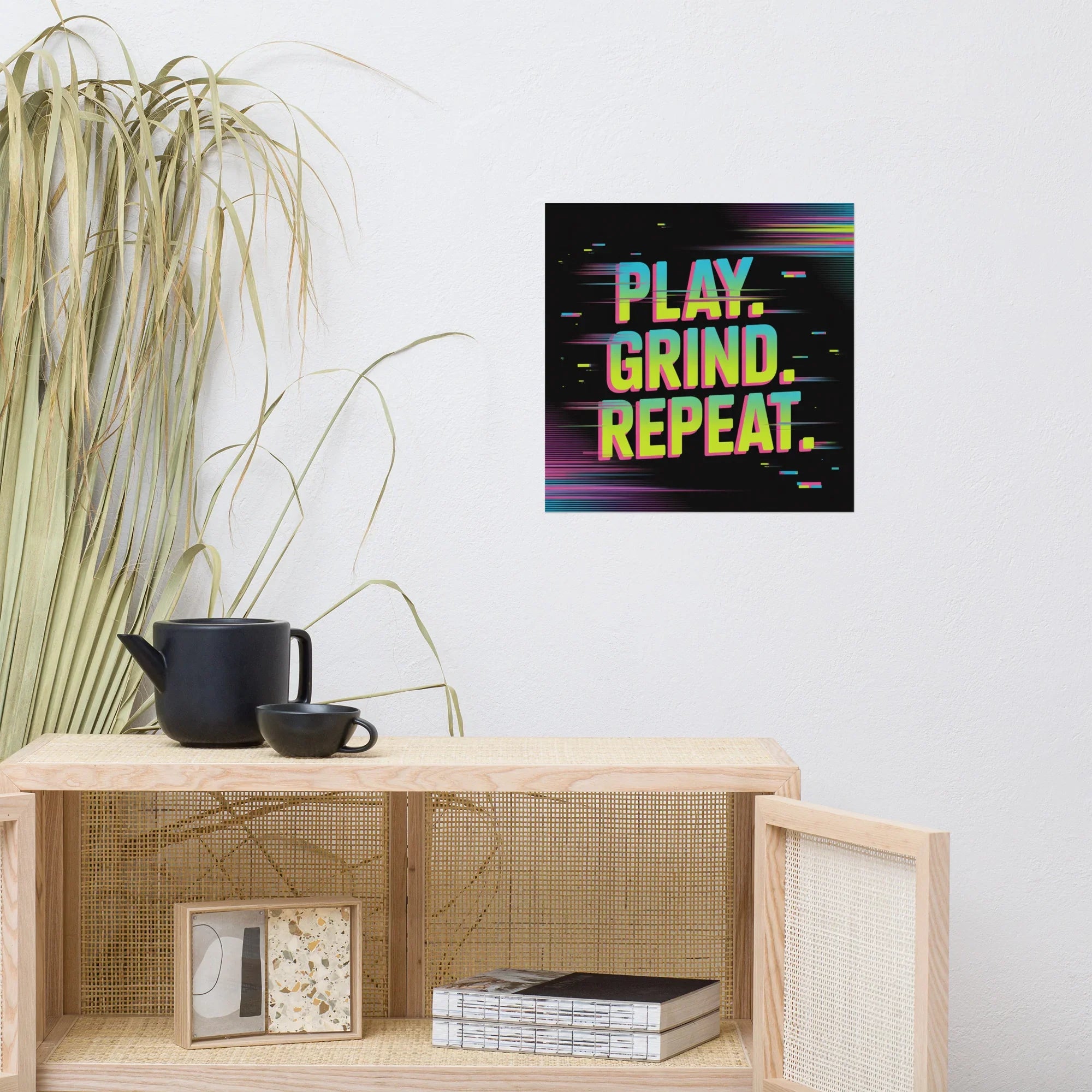 PLAY. GRIND. REPEAT. – Retro Glitch Gaming Motivation Poster in Neon Arcade Style - RaZits