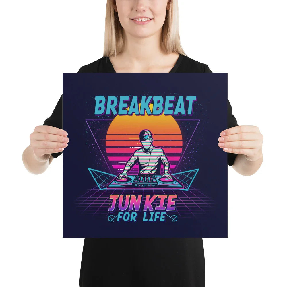 Breakbeat Junkie For Life Poster – Retro DJ Neon Grid - RaZits