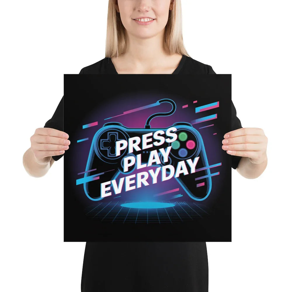 Press Play Everyday – Neon Glitch Gaming Motivation Poster - RaZits