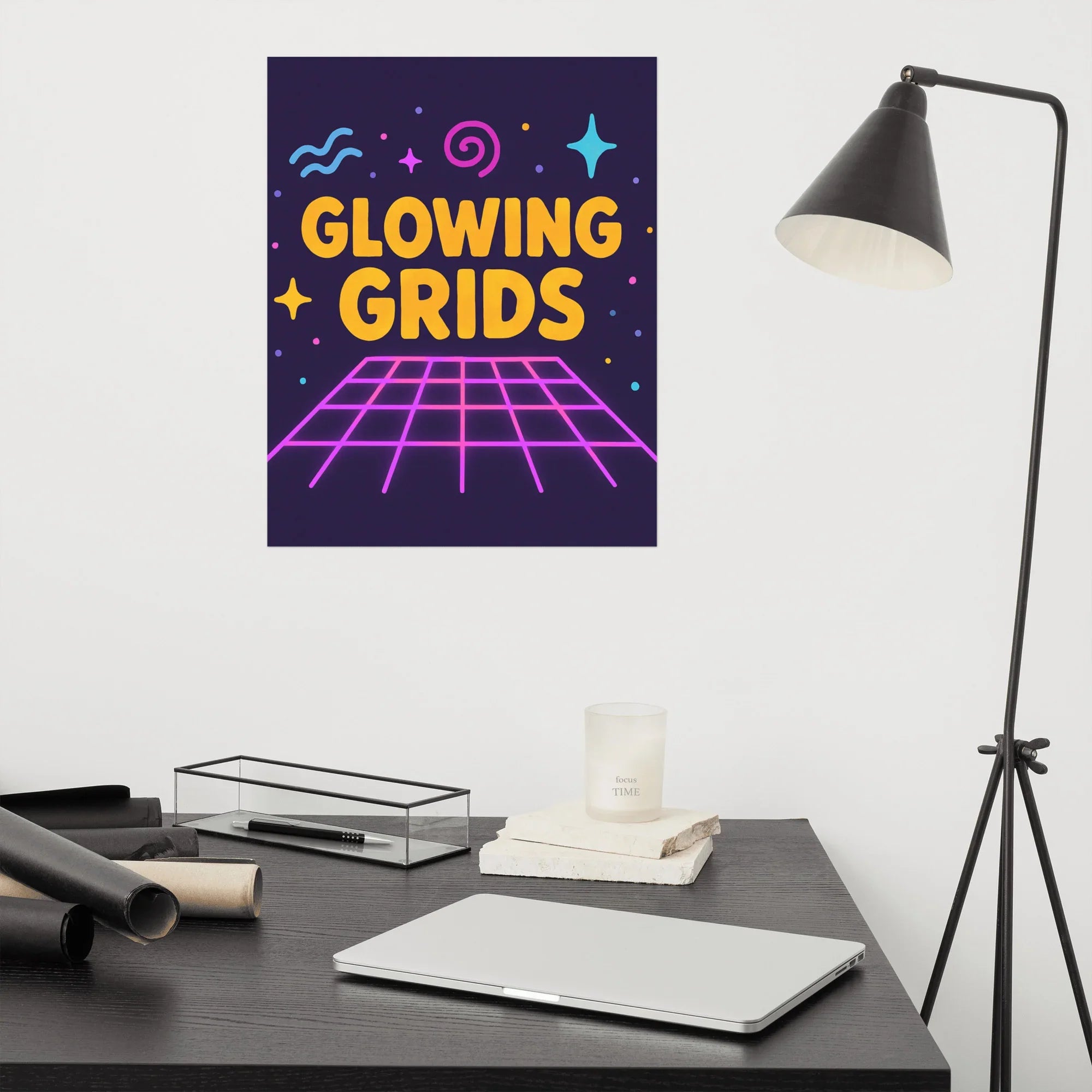 Glowing Grids Poster – Retro Neon Music Matrix Art - RaZits