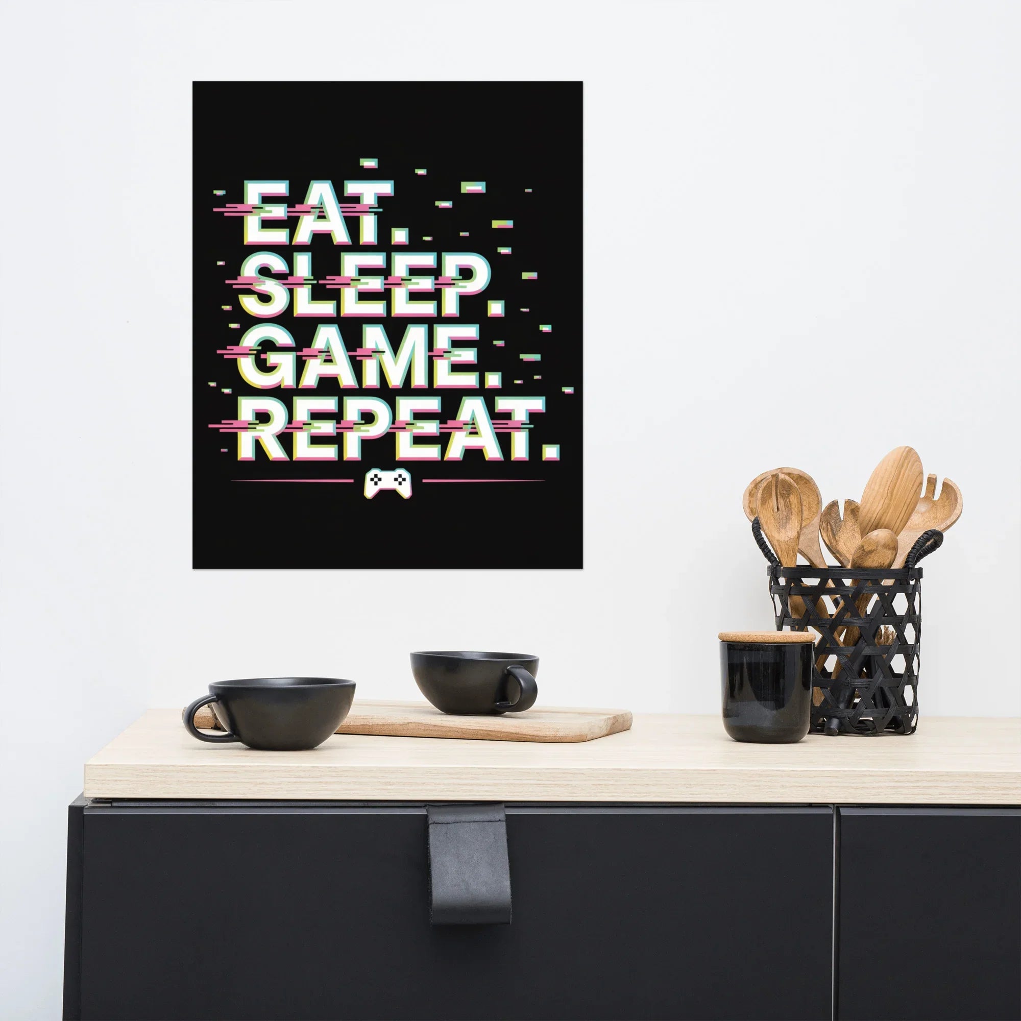 Eat Sleep Game Repeat – Glitch Gamer Lifestyle Wall Art - RaZits