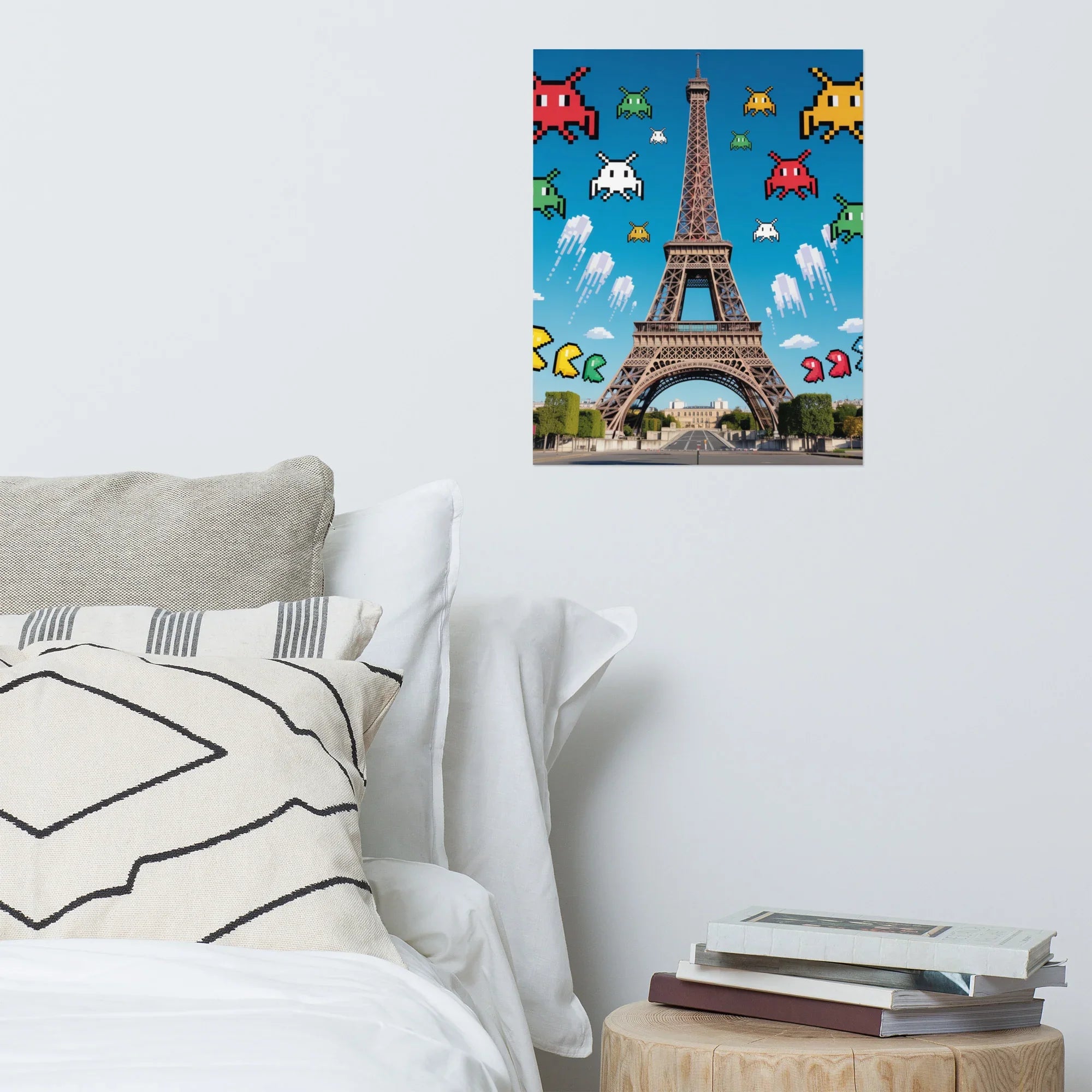 Retro Pixel Invaders Over Paris – 8-Bit Gaming Wall Art, Eiffel Tower Gamer Decor - RaZits