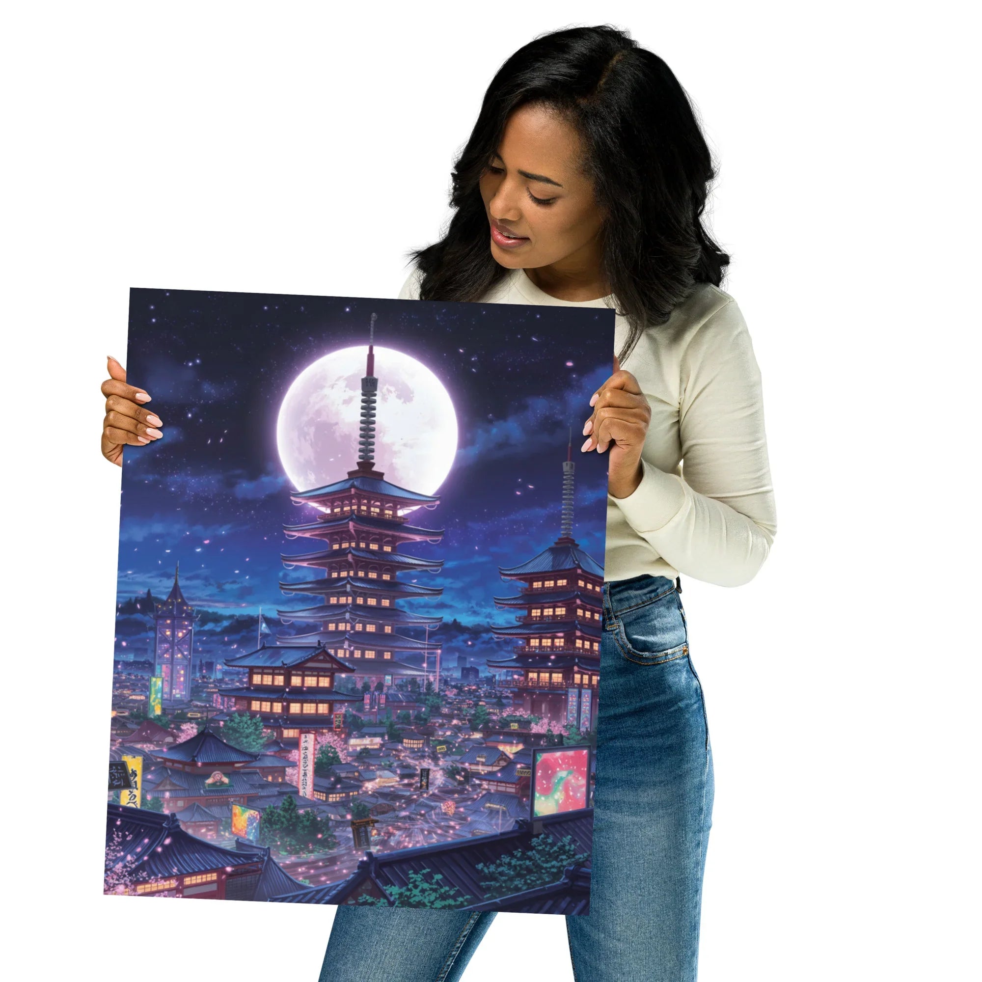 Midnight Sakura Dreamscape Japanese Cityscape Gaming Wall Art – Anime Aesthetic Room Decor - RaZits