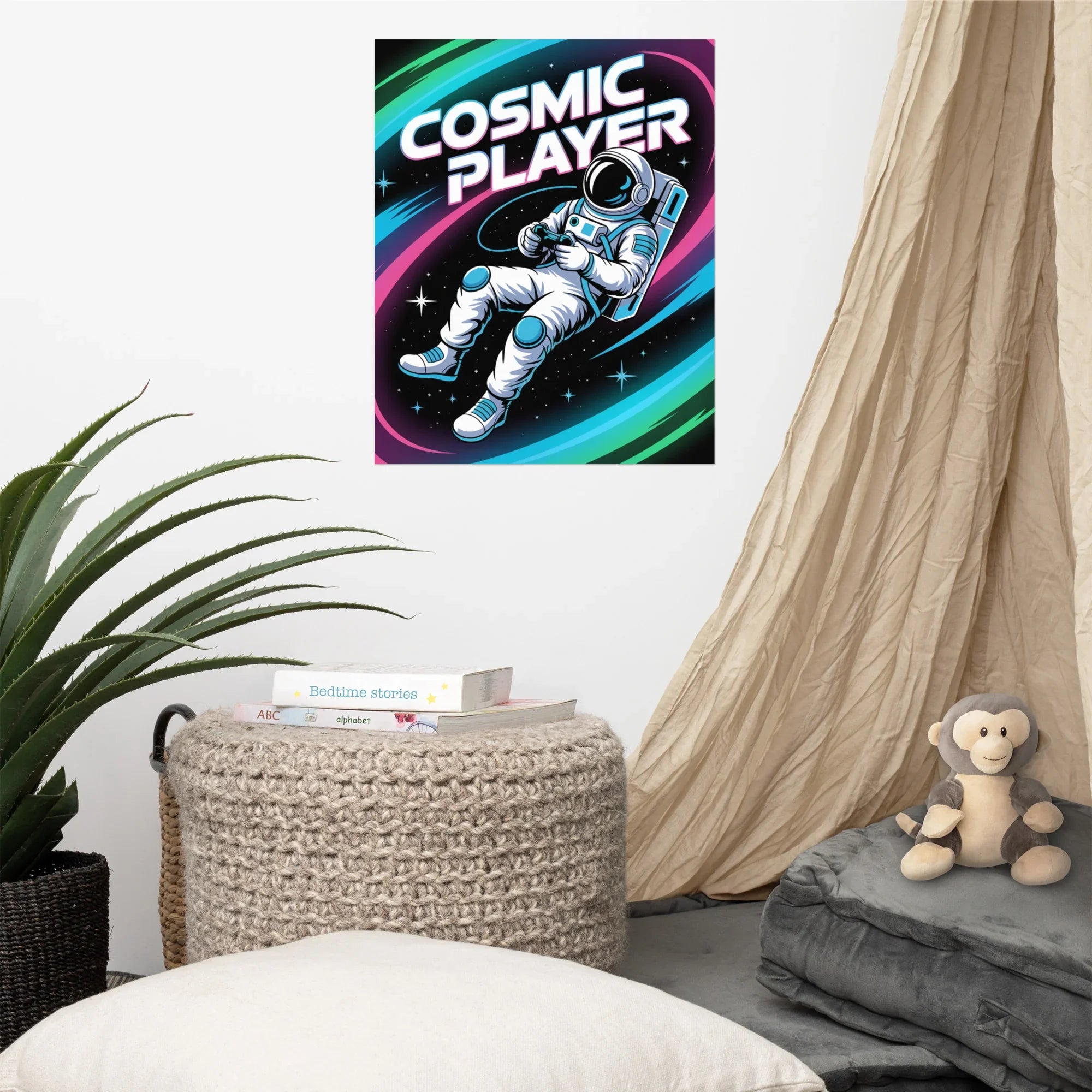 Cosmic Player – Astronaut Gamer in Space Neon Art Poster - RaZits