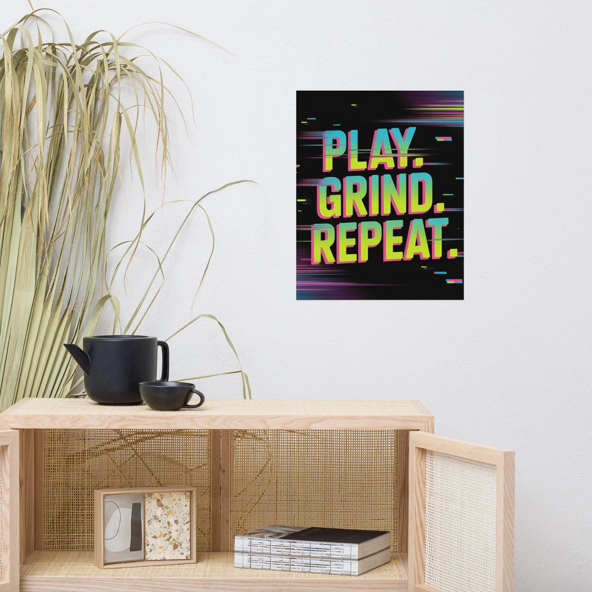 PLAY. GRIND. REPEAT. – Retro Glitch Gaming Motivation Poster in Neon Arcade Style - RaZits