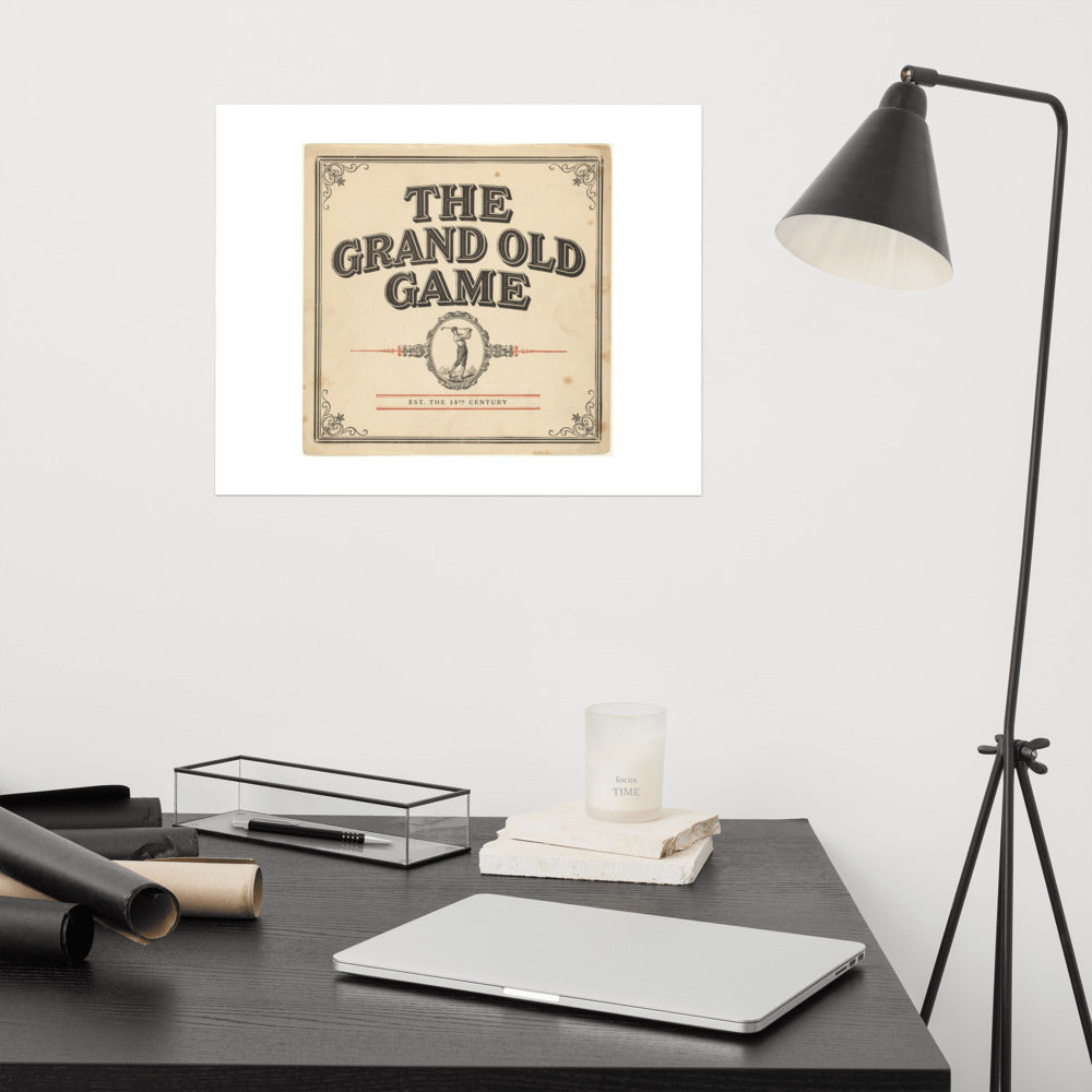 The Grand Old Game hickory-era golf print displayed on a home office wall above a desk