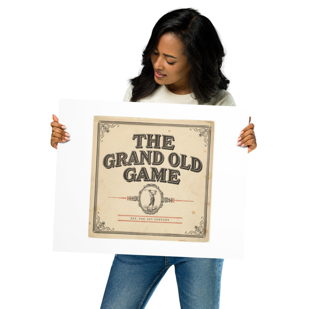 The Grand Old Game vermilion and black golf playbill poster styled in a bright room, front view