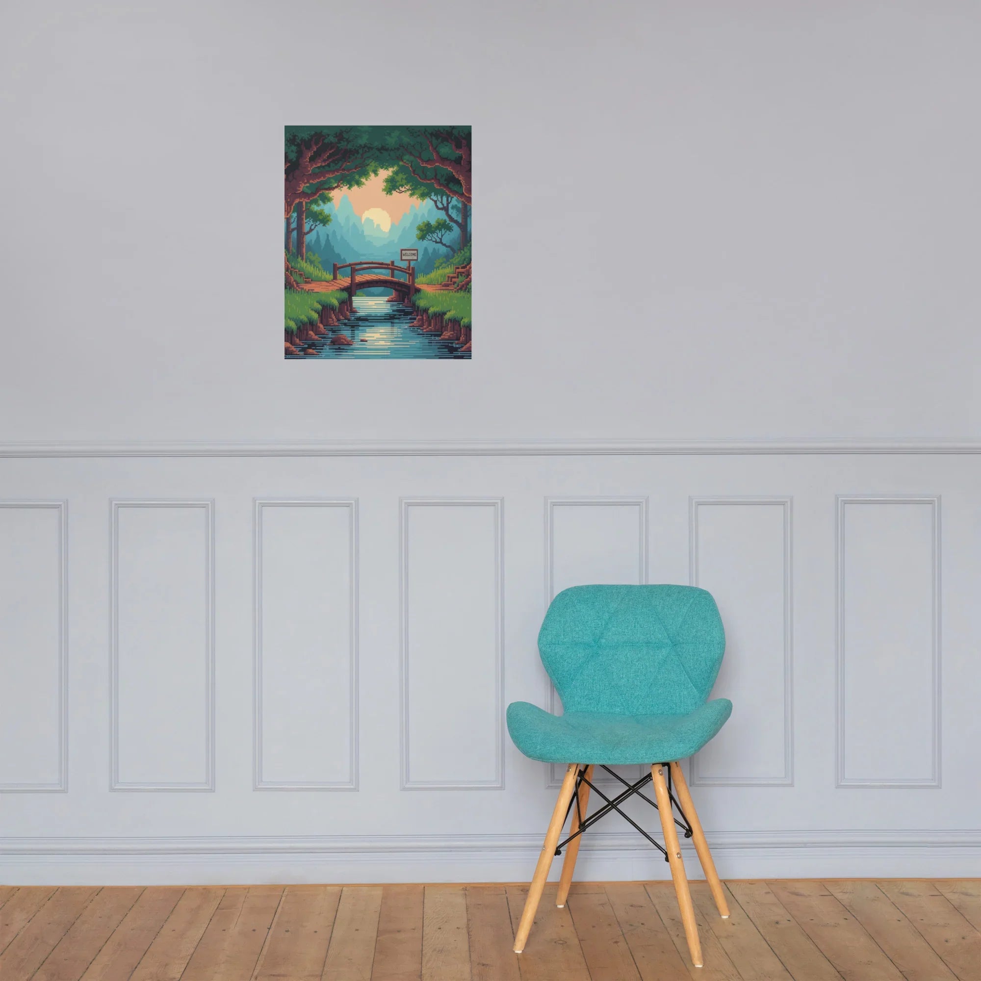 Pixel Forest Bridge – Retro 16-Bit Landscape Gaming Art Print for Cozy Gamer Rooms - RaZits