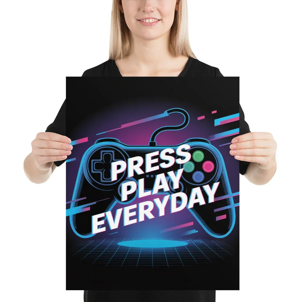 Press Play Everyday – Neon Glitch Gaming Motivation Poster - RaZits