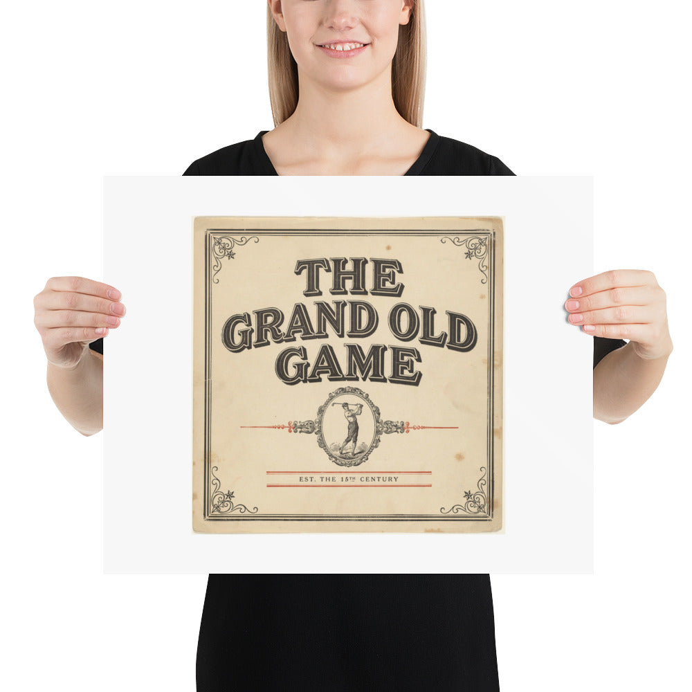 Person holding The Grand Old Game vintage golf poster to show the real 16 by 20 inch size