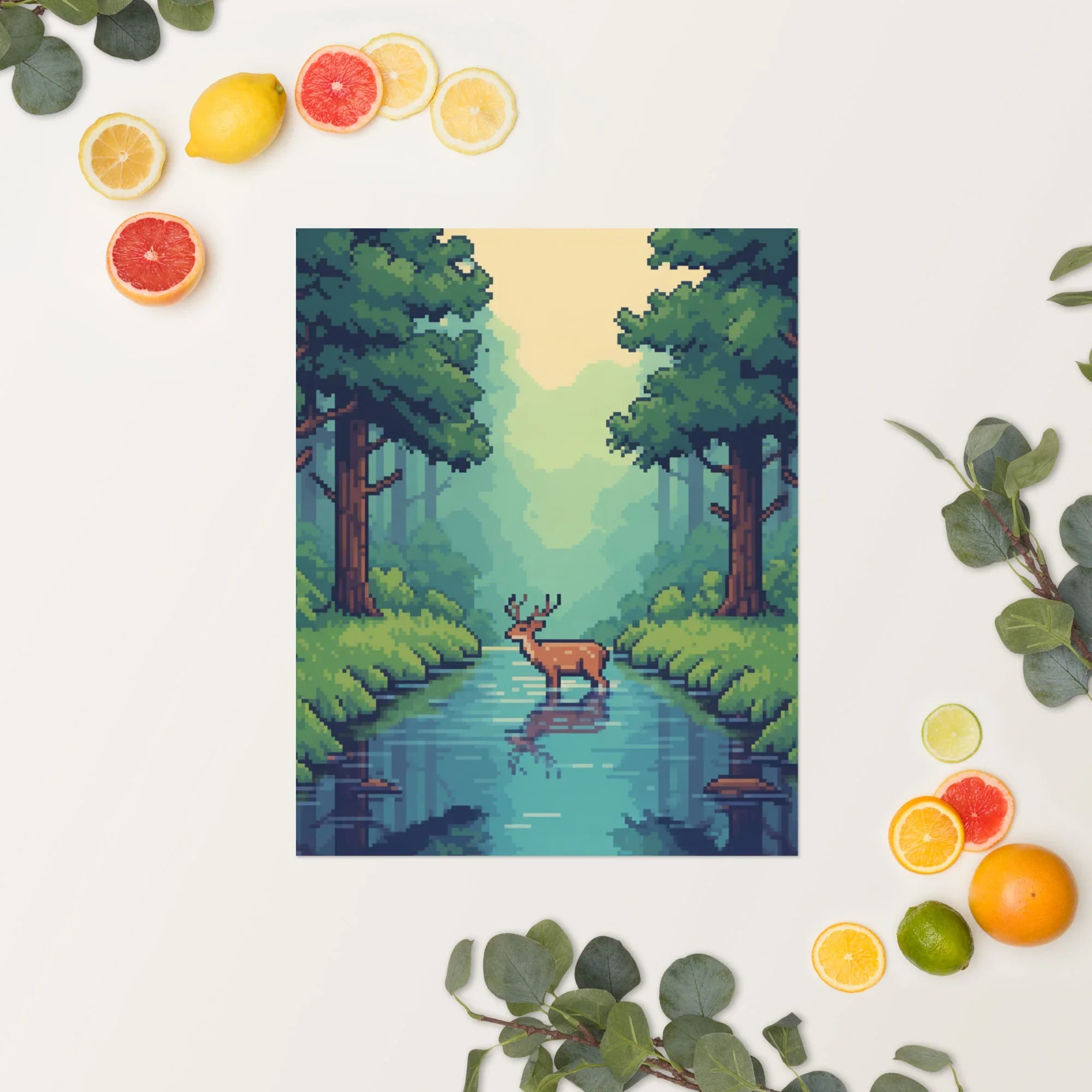 Pixel Forest Serenity – Retro Deer in Nature Gaming Art Print - RaZits