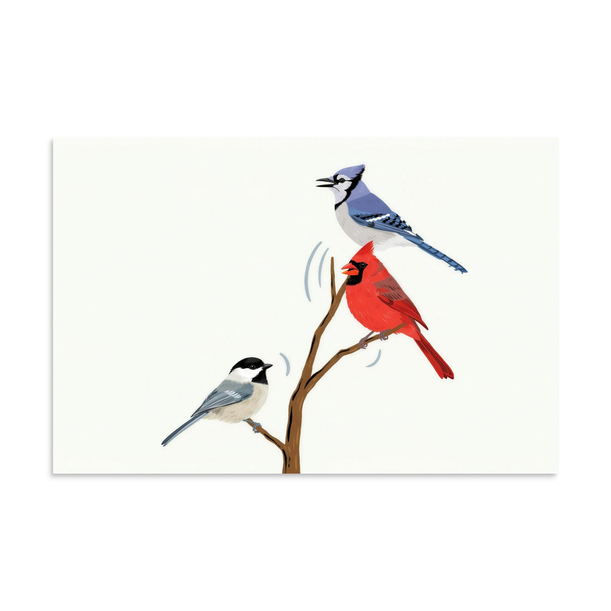 The Yard Has a Soundtrack unframed bird poster, front view: a blue jay, a northern cardinal and a black-capped chickadee calling from one slender branch on an ivory field. Frame not included.