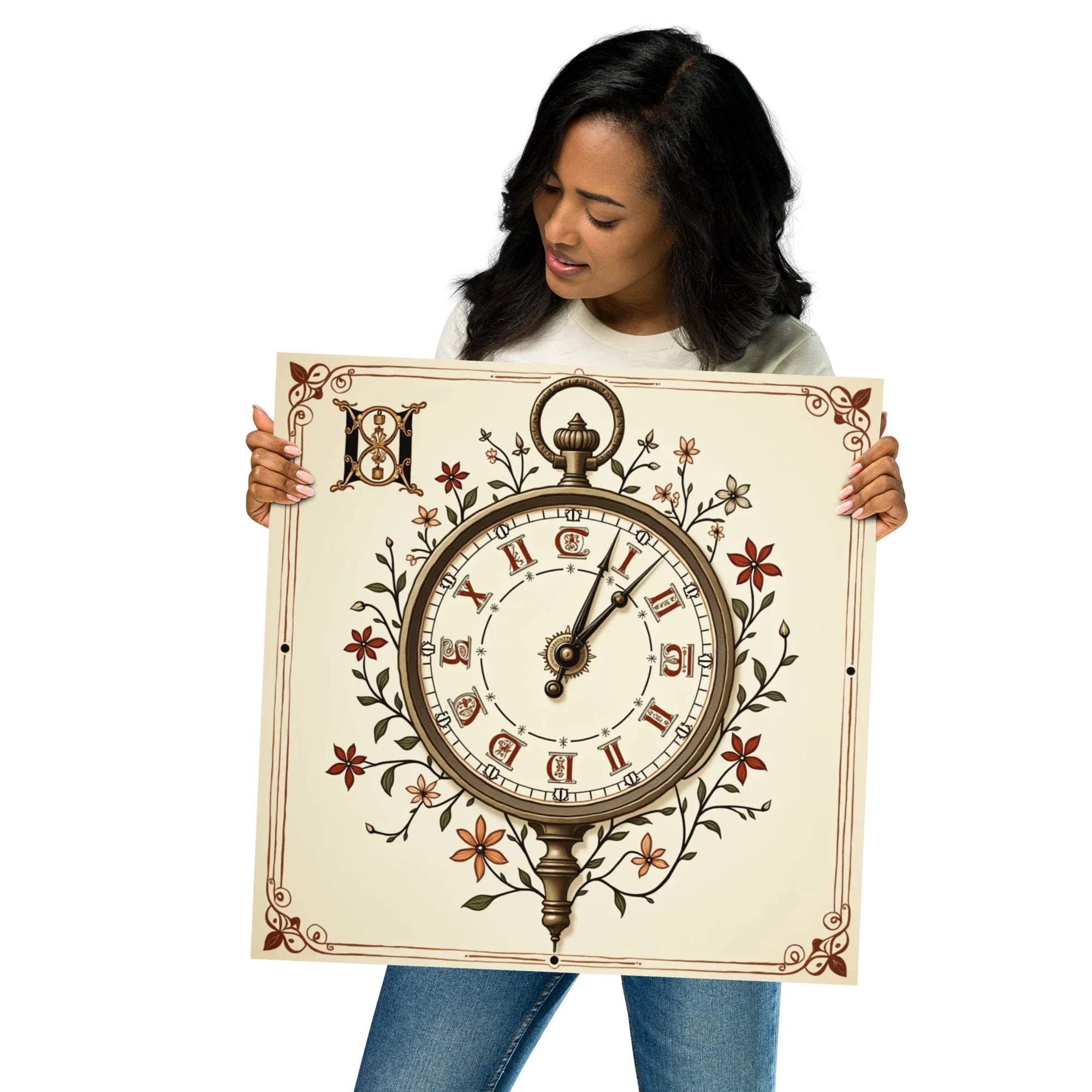 Vintage Clock Art Print – Floral Timepiece Illustration - RaZits
