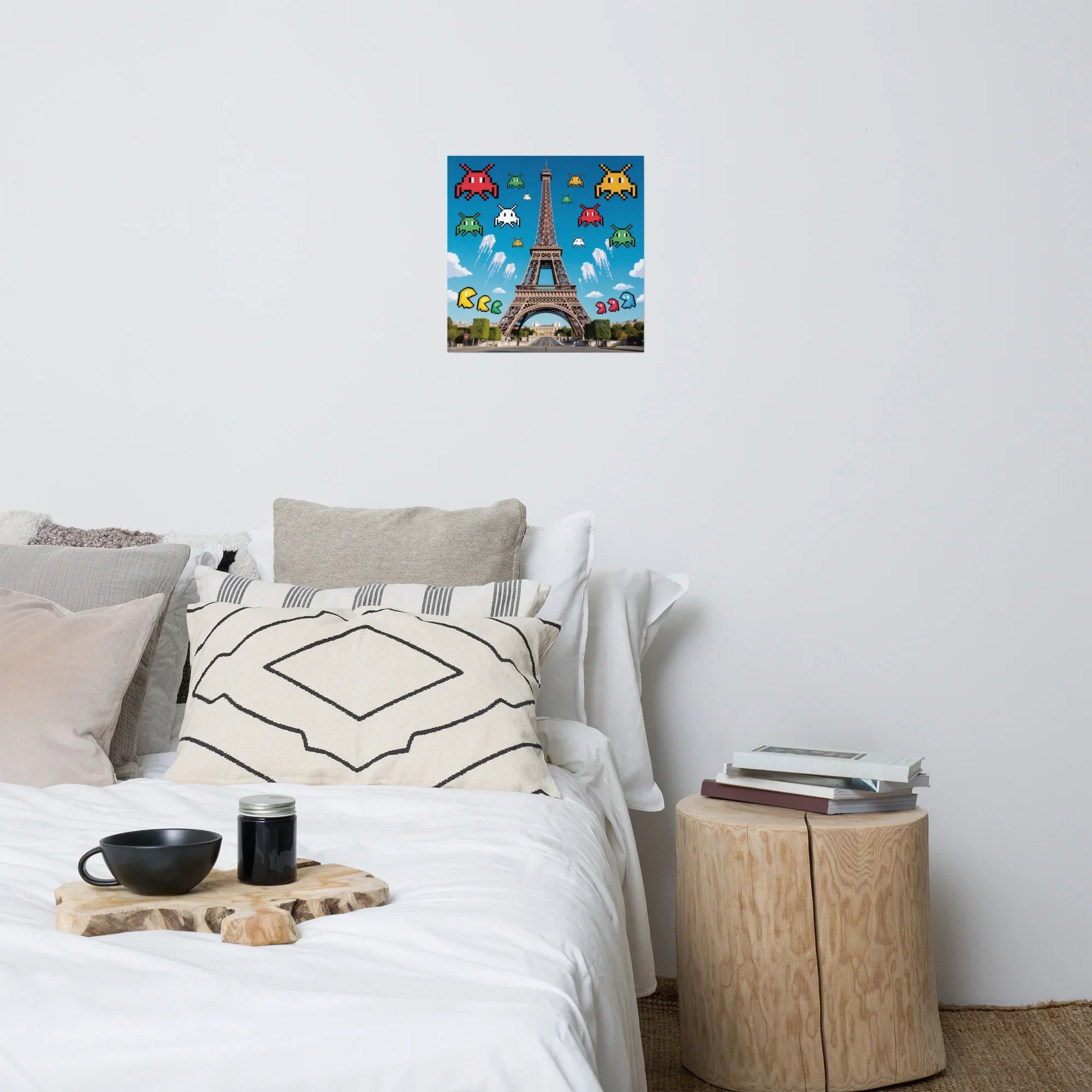 Retro Pixel Invaders Over Paris – 8-Bit Gaming Wall Art, Eiffel Tower Gamer Decor - RaZits