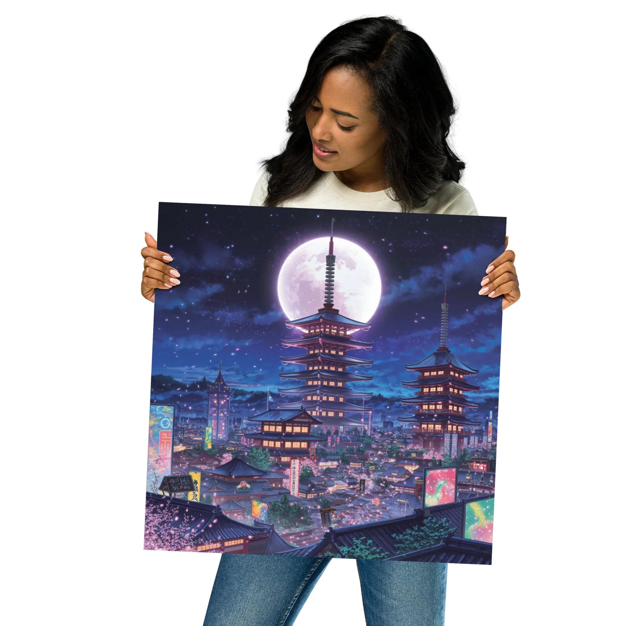 Midnight Sakura Dreamscape Japanese Cityscape Gaming Wall Art – Anime Aesthetic Room Decor - RaZits