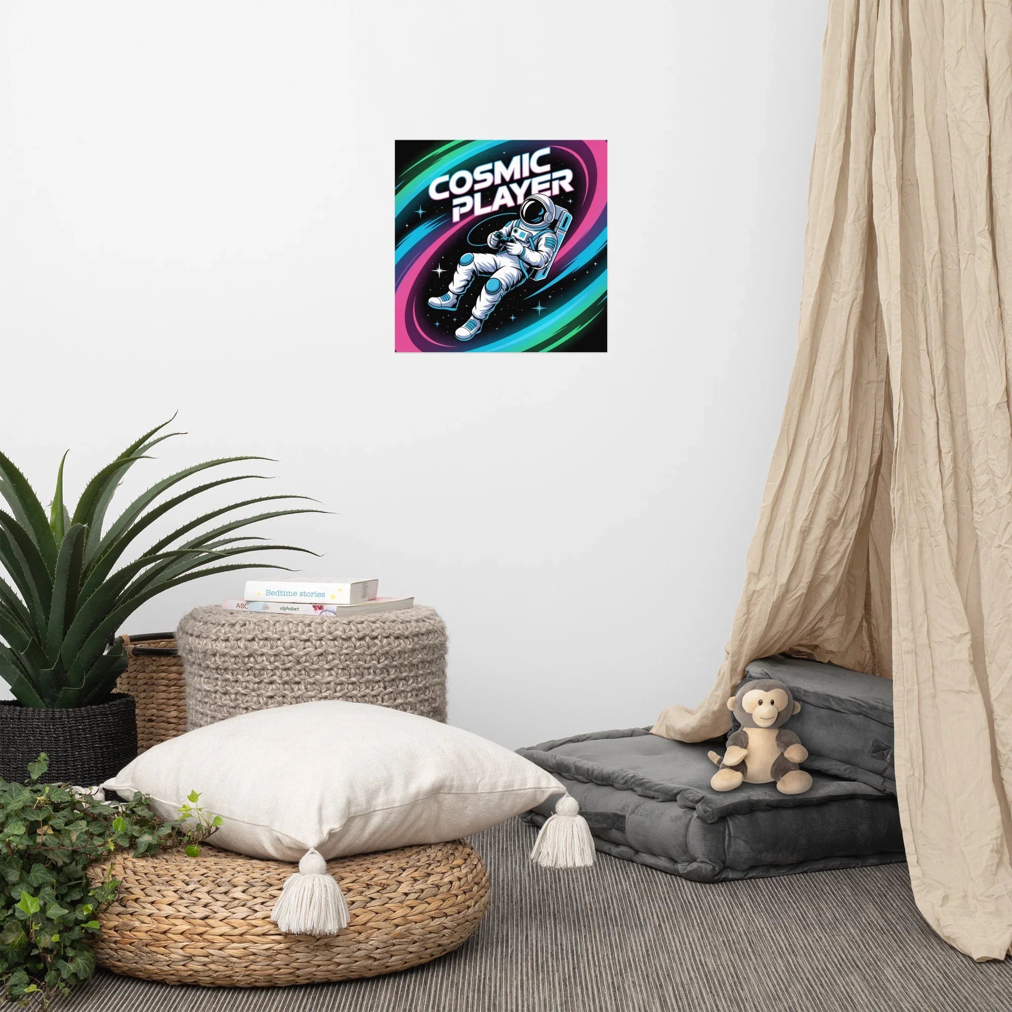Cosmic Player – Astronaut Gamer in Space Neon Art Poster - RaZits