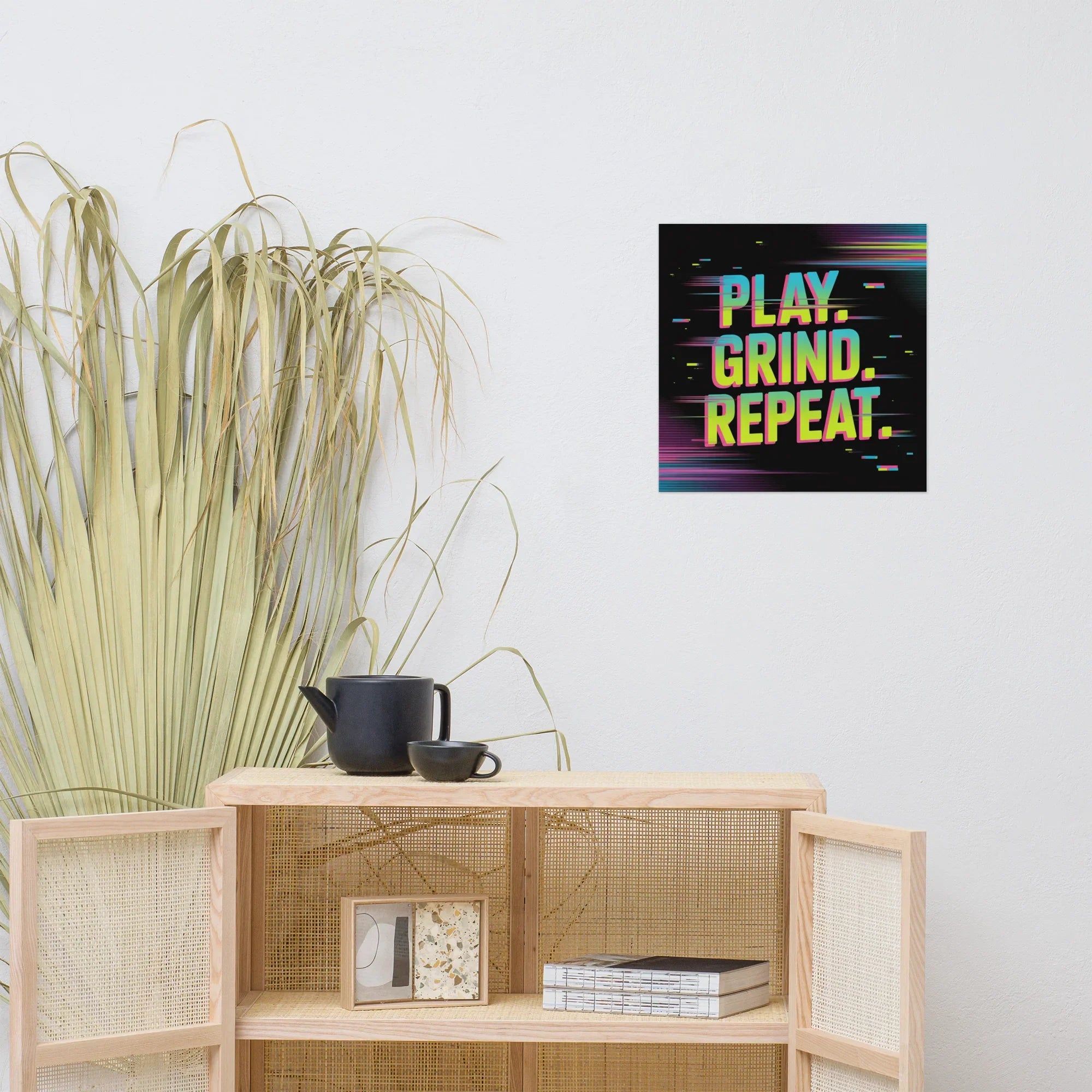 PLAY. GRIND. REPEAT. – Retro Glitch Gaming Motivation Poster in Neon Arcade Style - RaZits