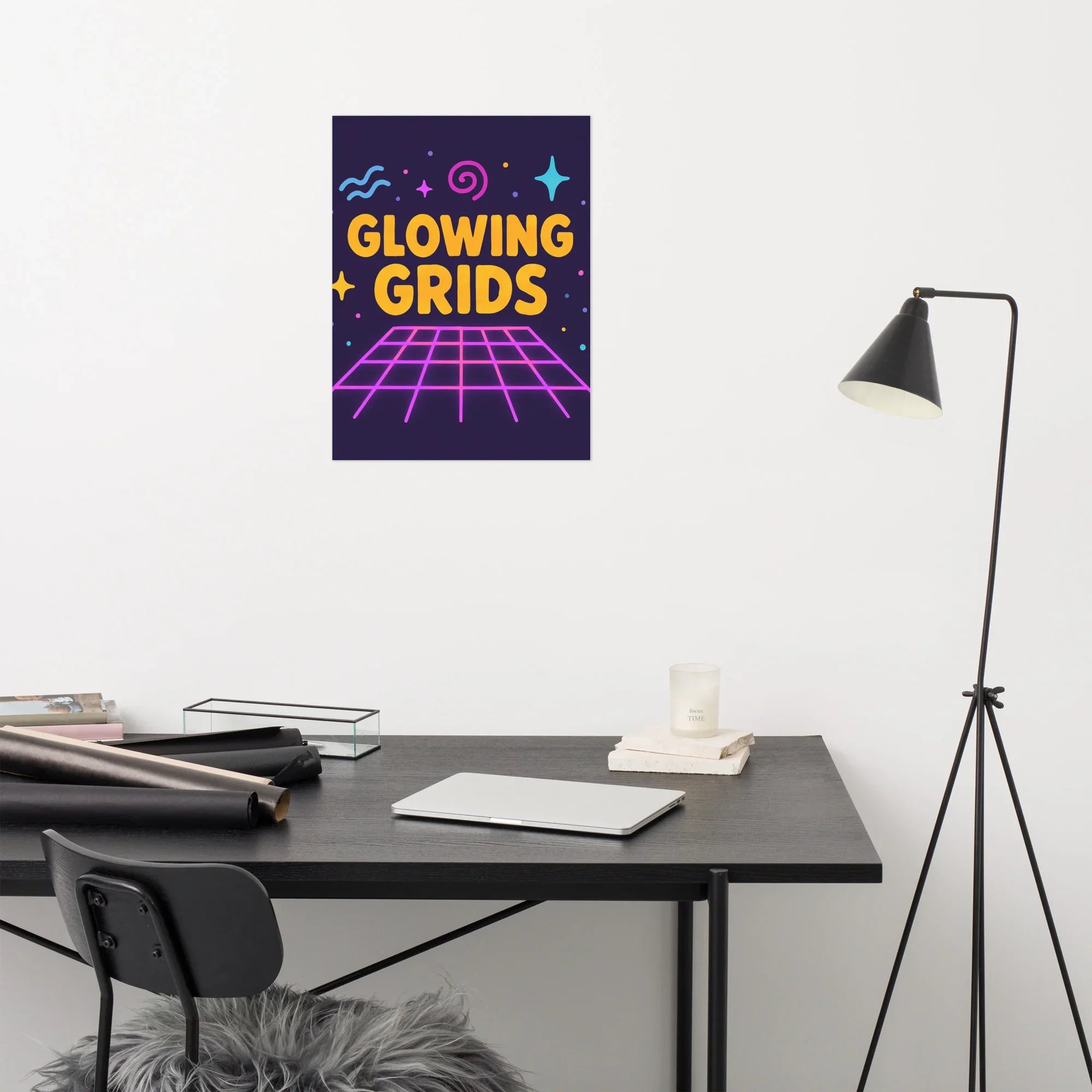 Glowing Grids Poster – Retro Neon Music Matrix Art - RaZits