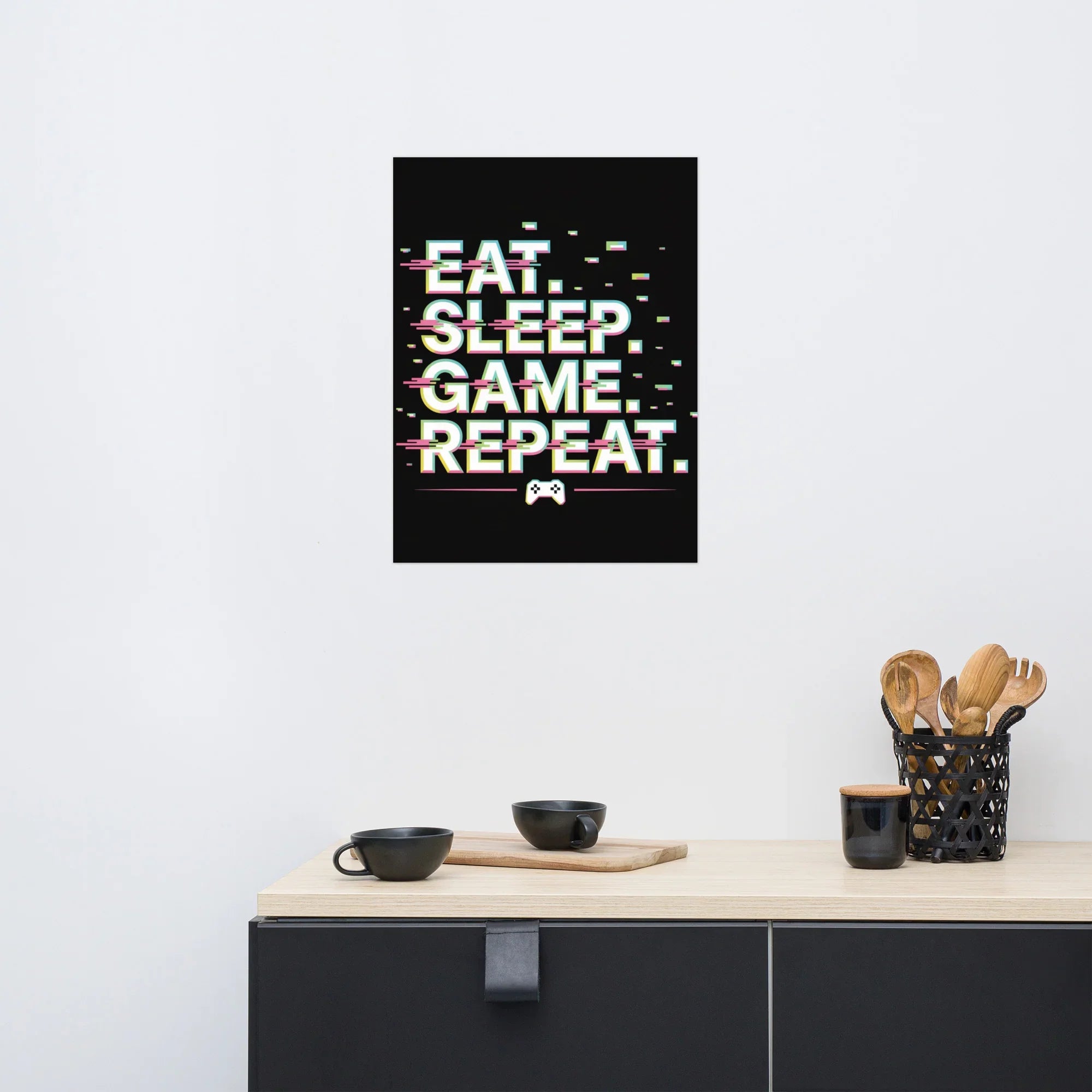 Eat Sleep Game Repeat – Glitch Gamer Lifestyle Wall Art - RaZits