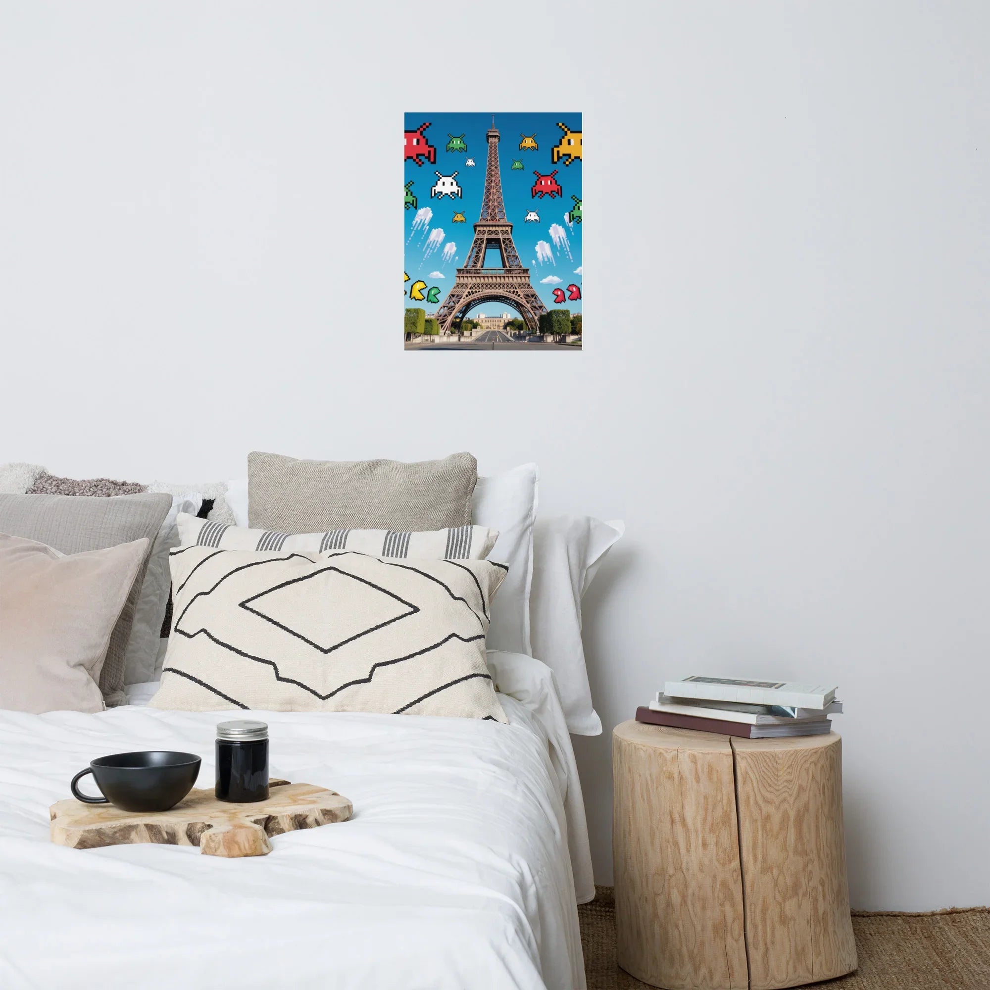 Retro Pixel Invaders Over Paris – 8-Bit Gaming Wall Art, Eiffel Tower Gamer Decor - RaZits