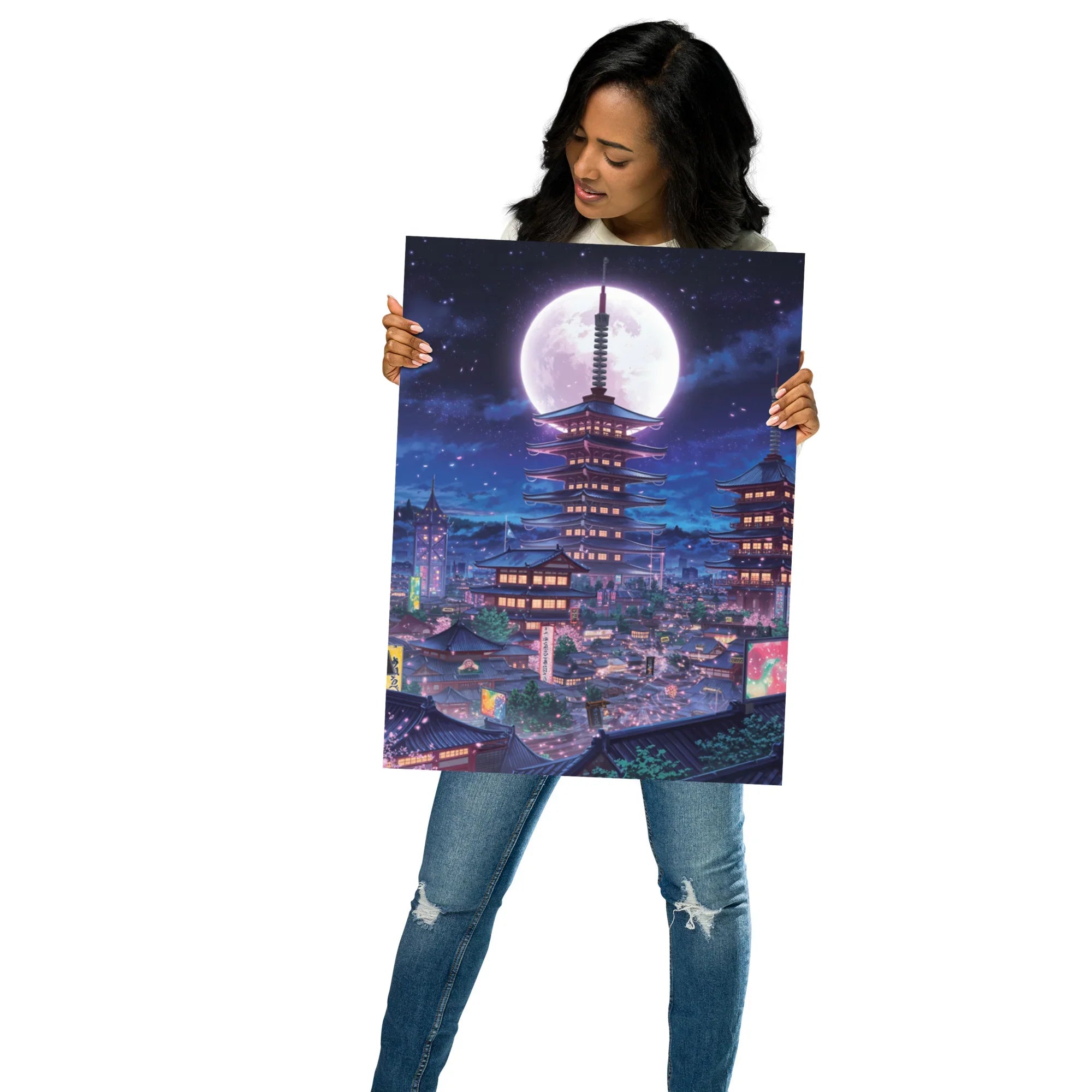 Midnight Sakura Dreamscape Japanese Cityscape Gaming Wall Art – Anime Aesthetic Room Decor - RaZits