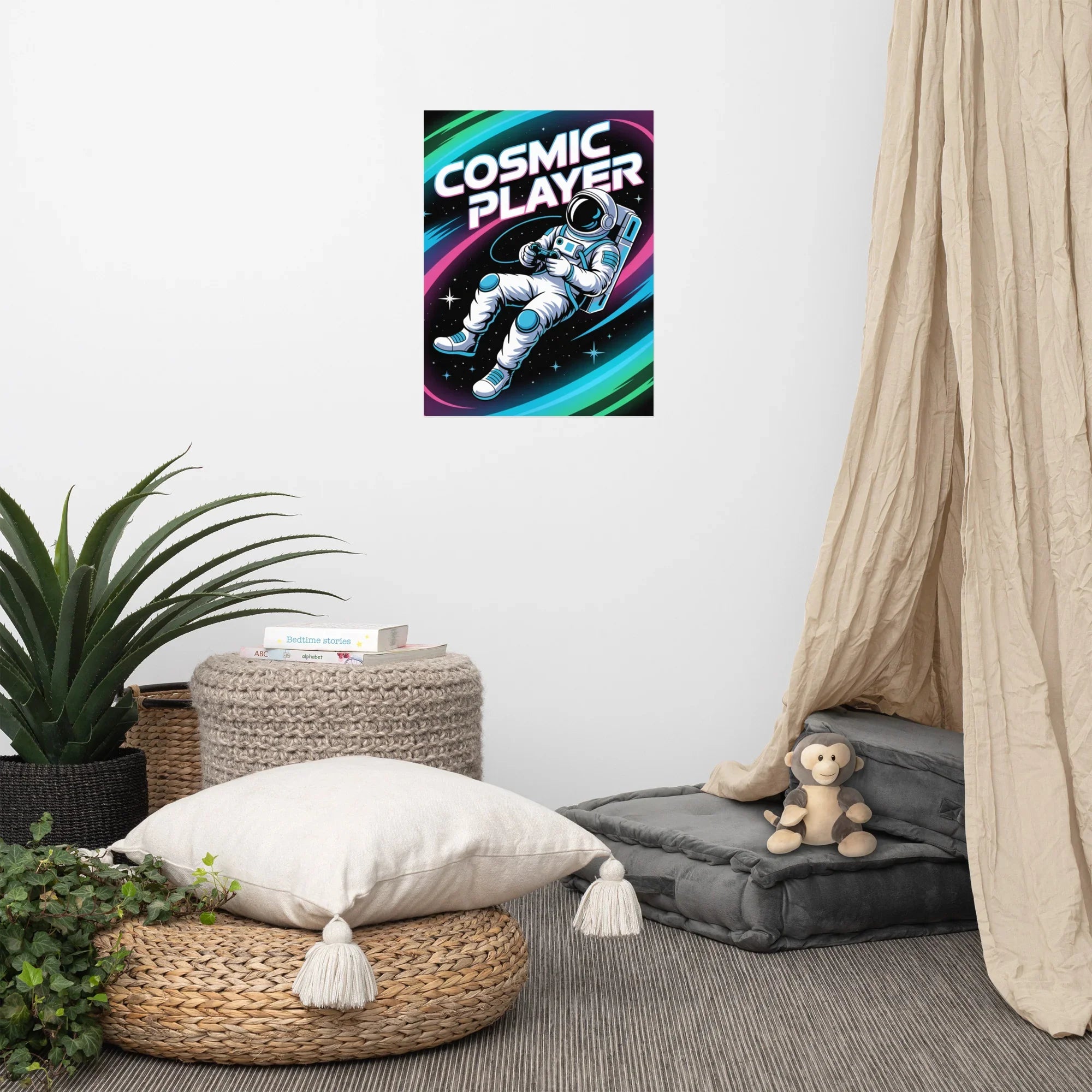 Cosmic Player – Astronaut Gamer in Space Neon Art Poster - RaZits