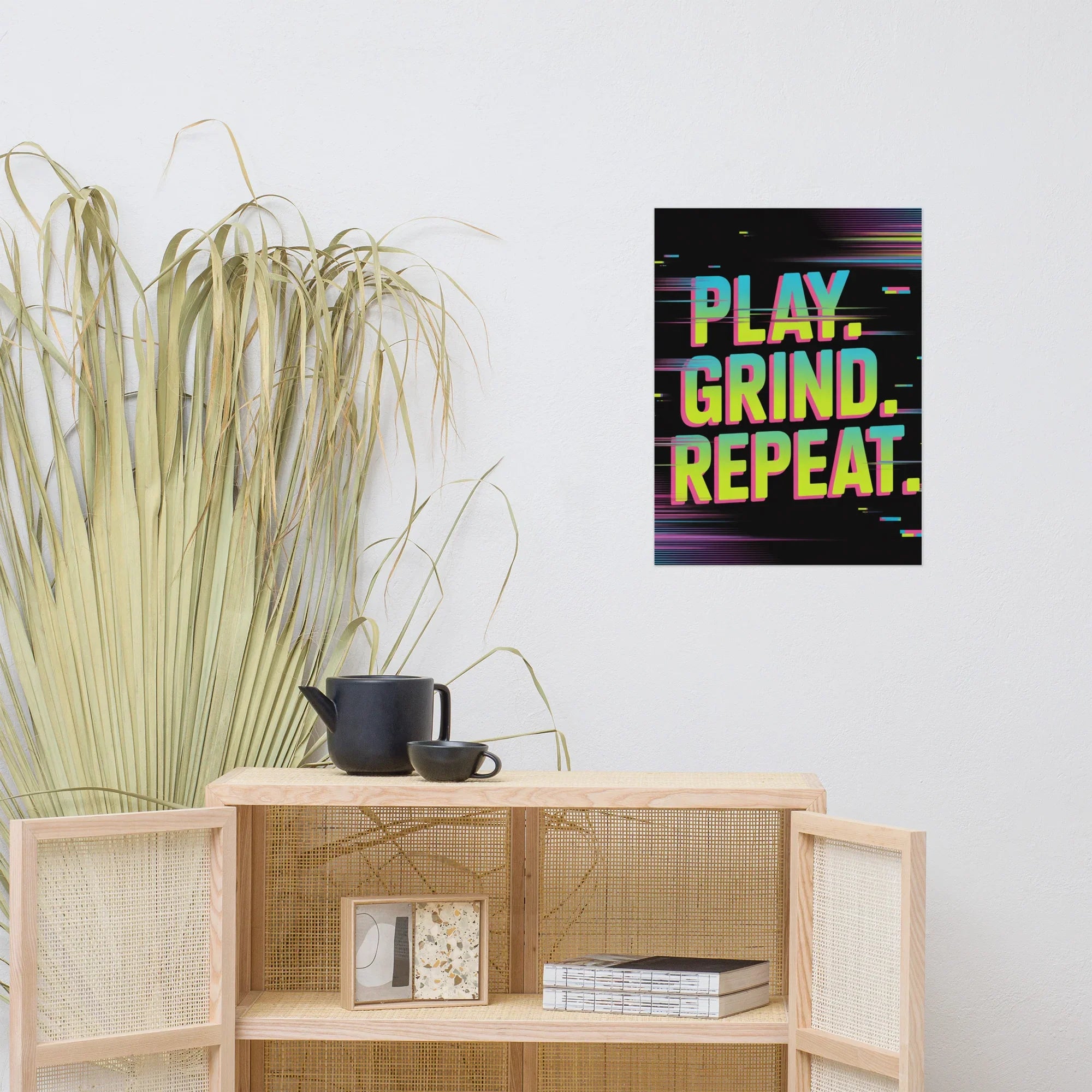 PLAY. GRIND. REPEAT. – Retro Glitch Gaming Motivation Poster in Neon Arcade Style - RaZits