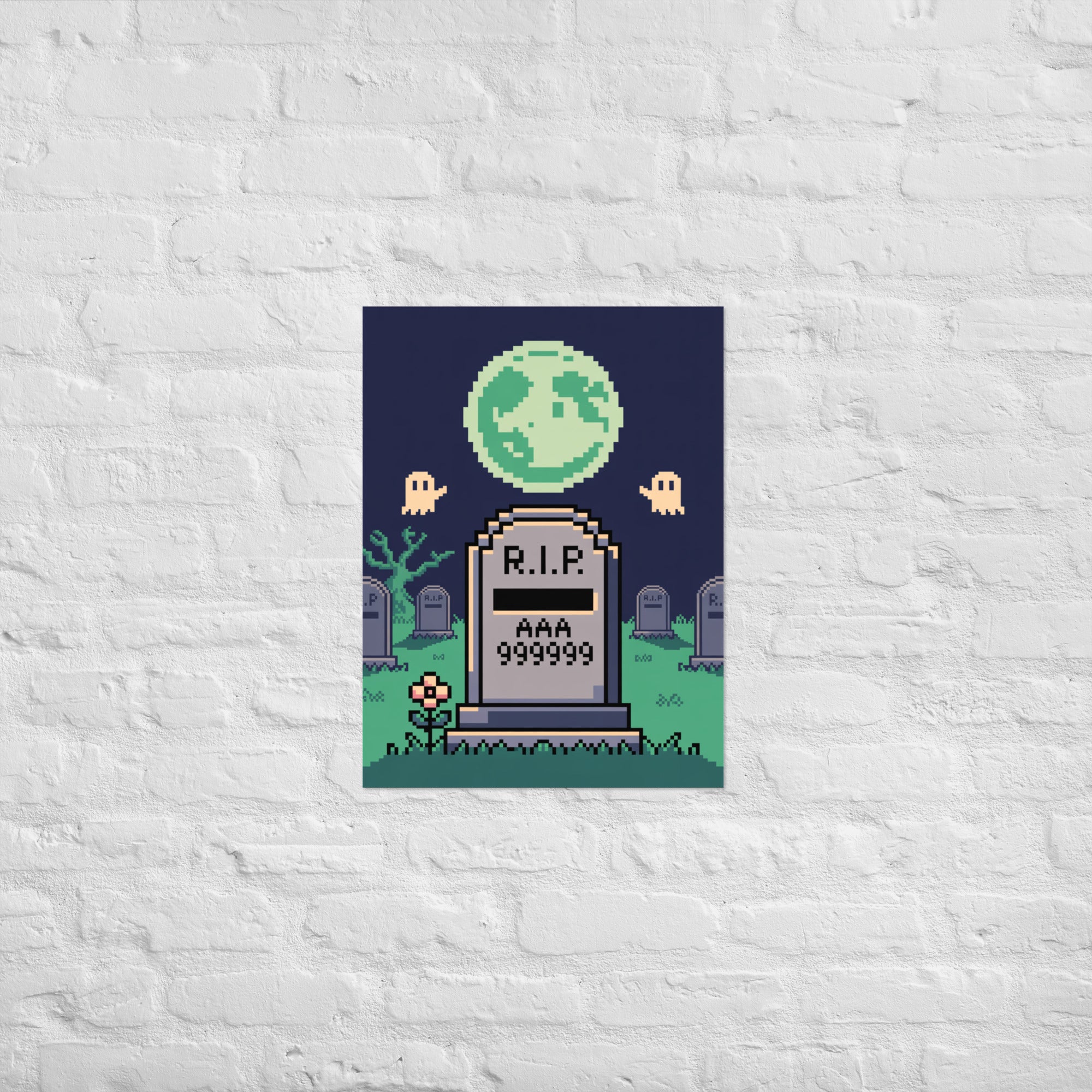 Here Lies High Score pixel tombstone retro gaming poster 18x24 hung on brick wall
