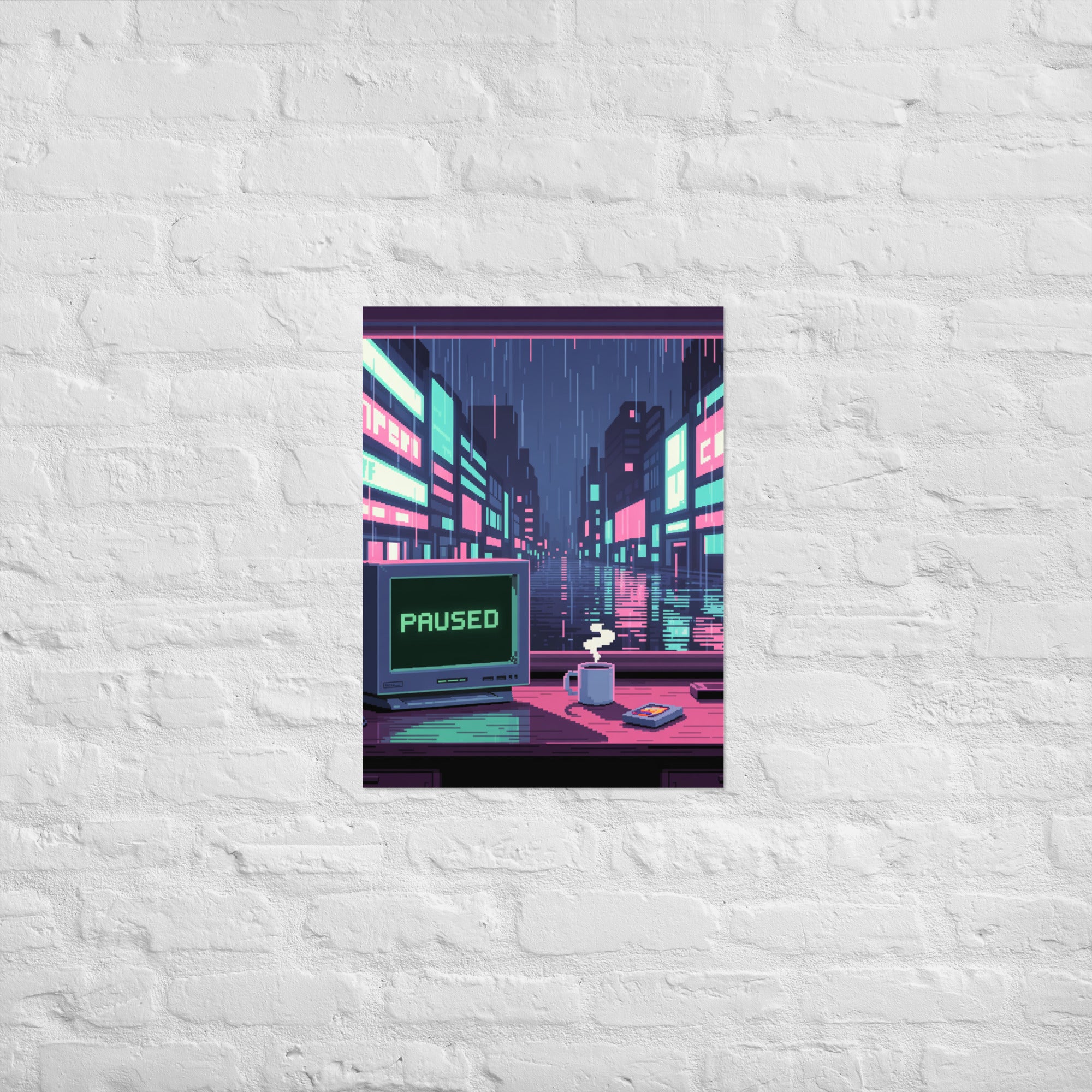 Pixel gaming After the Rain neon city poster on Enhanced Matte Paper