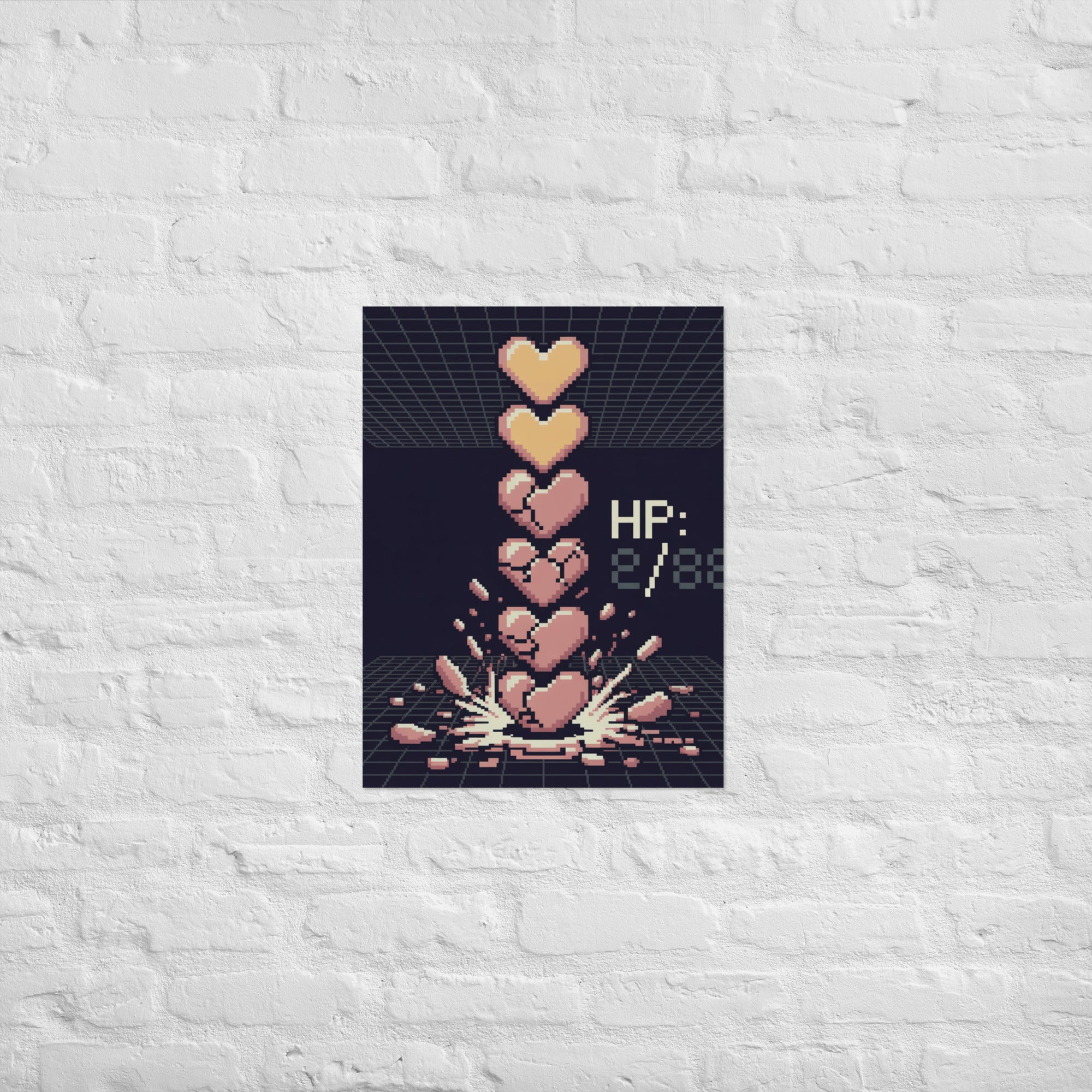 8-bit heart health bar Two Hearts Left poster on Enhanced Matte Paper