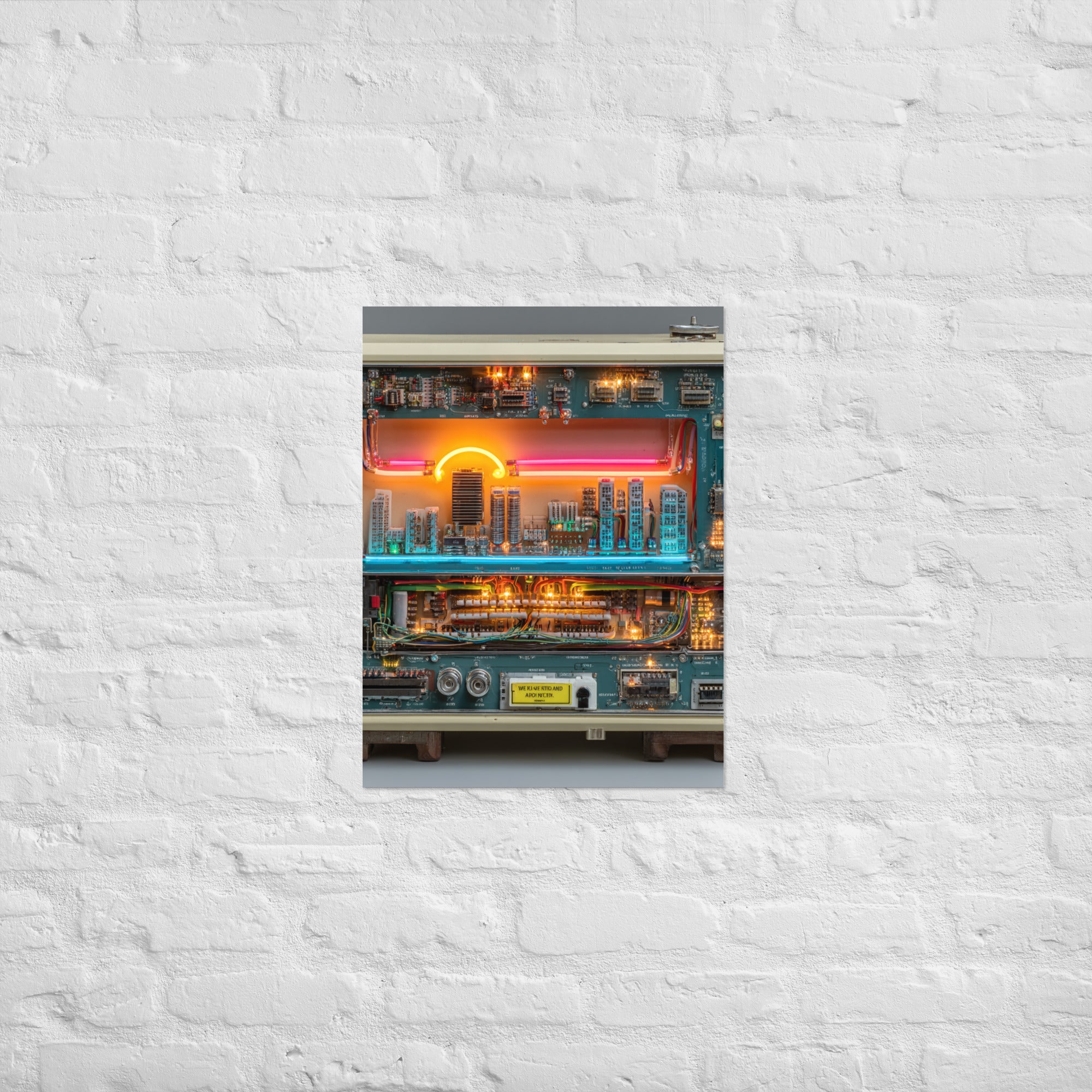 Arcade cabinet neon gaming poster with circuit board sunrise on Enhanced Matte Paper