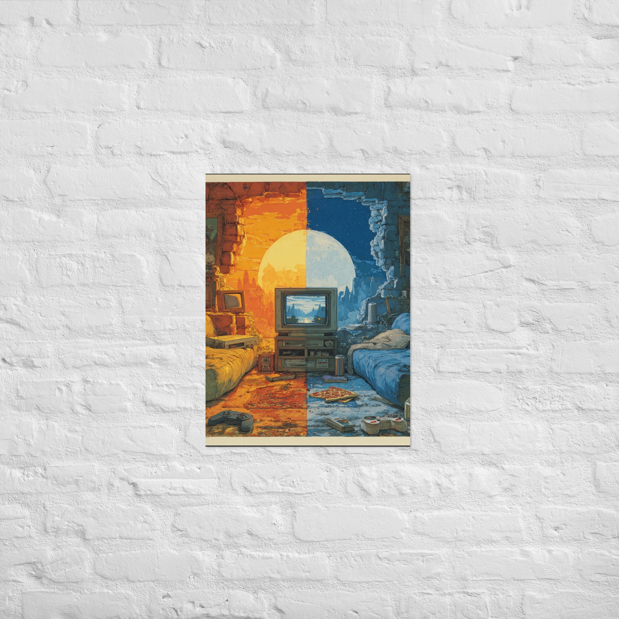 Split screen retro gaming poster with two-player worlds on one TV on Enhanced Matte Paper