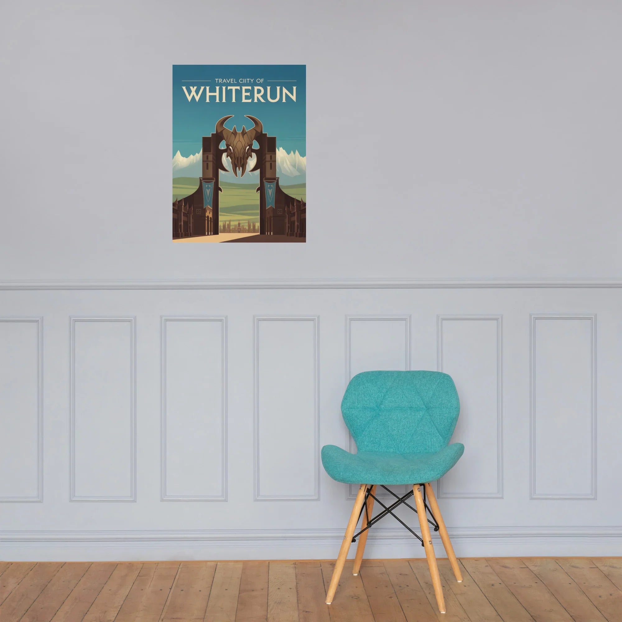 Fantasy Nordic City Travel Poster – Epic Medieval Kingdom Wall Art with Dragon Emblem Design - RaZits