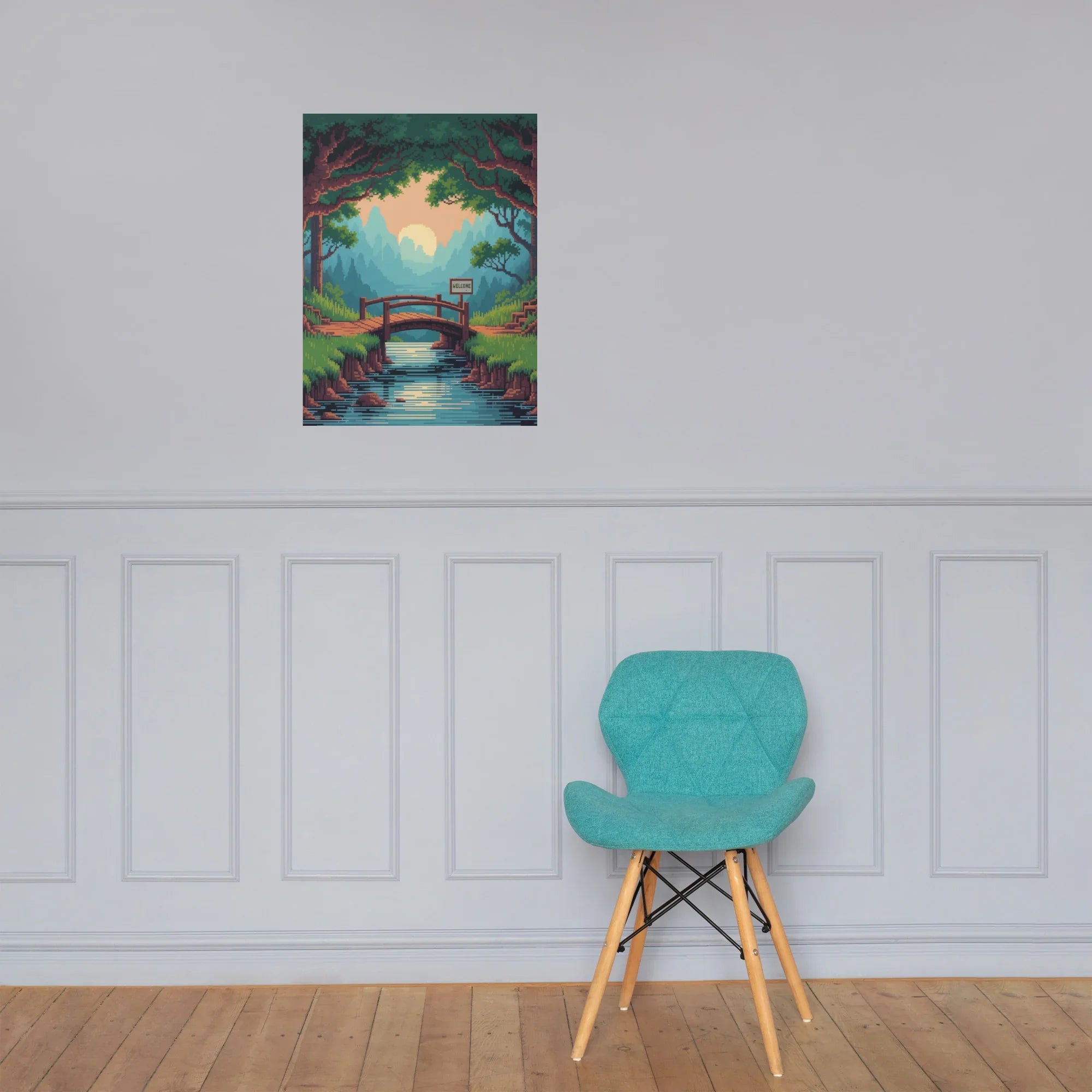 Pixel Forest Bridge – Retro 16-Bit Landscape Gaming Art Print for Cozy Gamer Rooms - RaZits