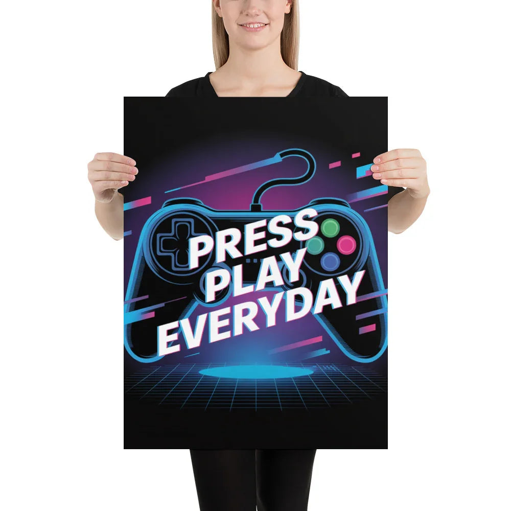 Press Play Everyday – Neon Glitch Gaming Motivation Poster - RaZits