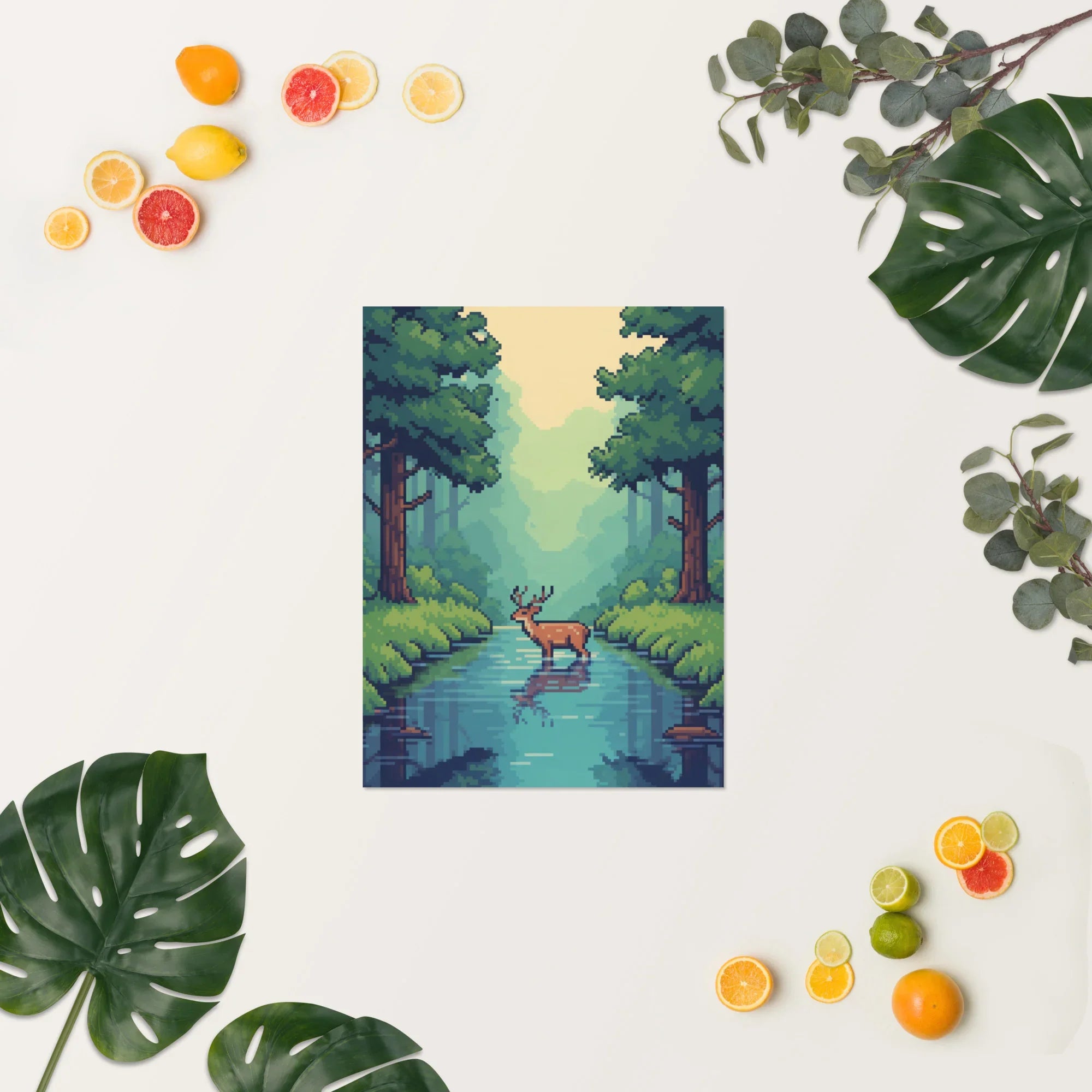 Pixel Forest Serenity – Retro Deer in Nature Gaming Art Print - RaZits