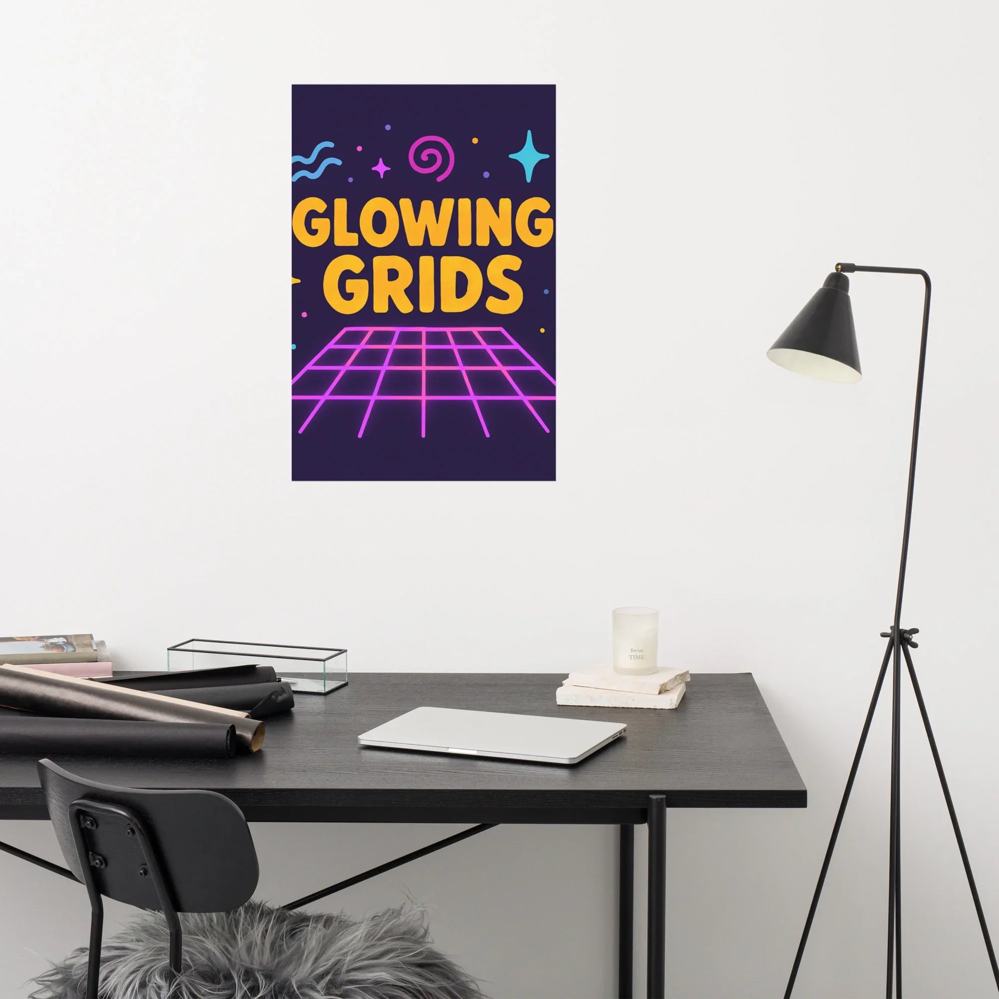 Glowing Grids Poster – Retro Neon Music Matrix Art - RaZits